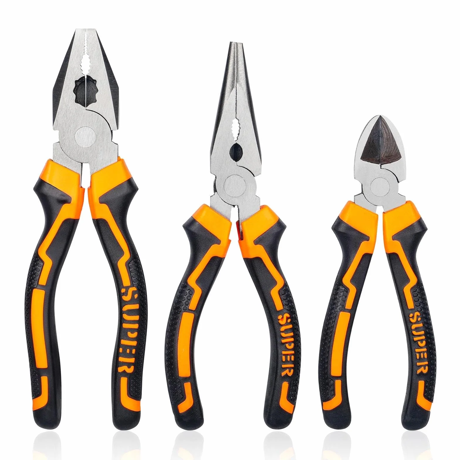 Pinze Elettricista 3 Pezzi, Pinza a Becco Lungo, Taglio Diagonale, Maniglia Ergonomico, Kit Universale