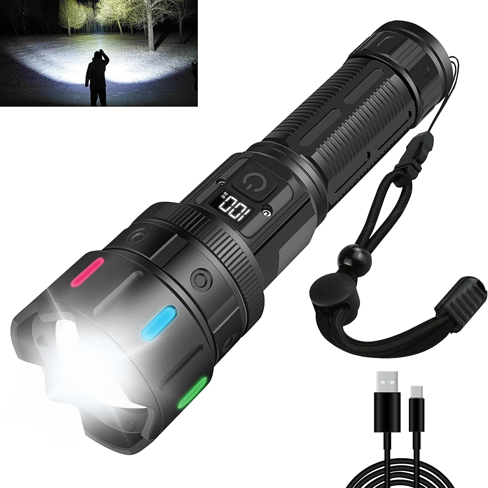 WINDFIRE Torcia LED Potente Professionale, 20W Torcia Ricaricabile con Display LCD, Super Luminoso 5 Modalità, Torce Tattica, Zoomabile, Impermeabile Flashlight Per Campeggio Trekking Emergenza