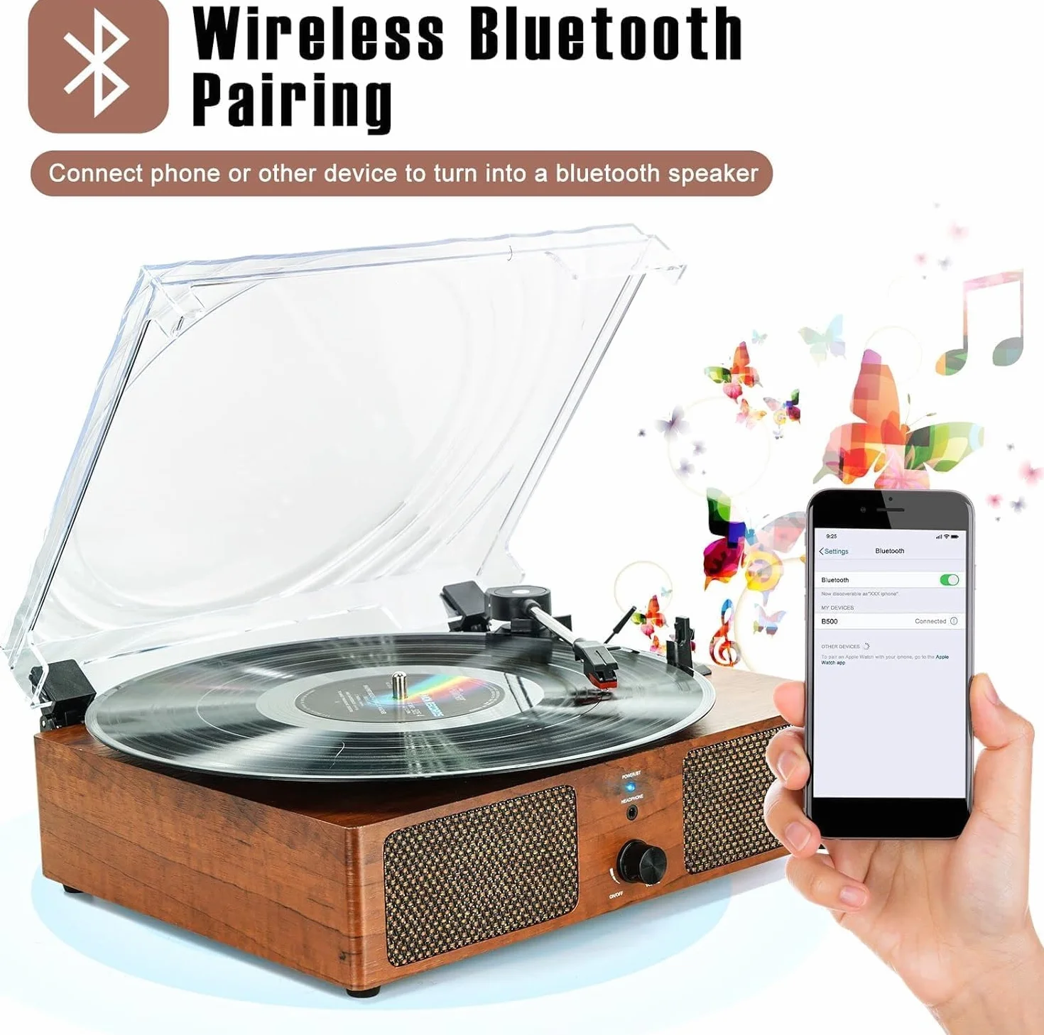 Giradischi in vinile Bluetooth con altoparlanti integrati Supporto Uscita RCA USB Aux In cuffia Auto-Stop Fonografo portatile a cinghia a 3 velocità per intrattenimento e decorazione