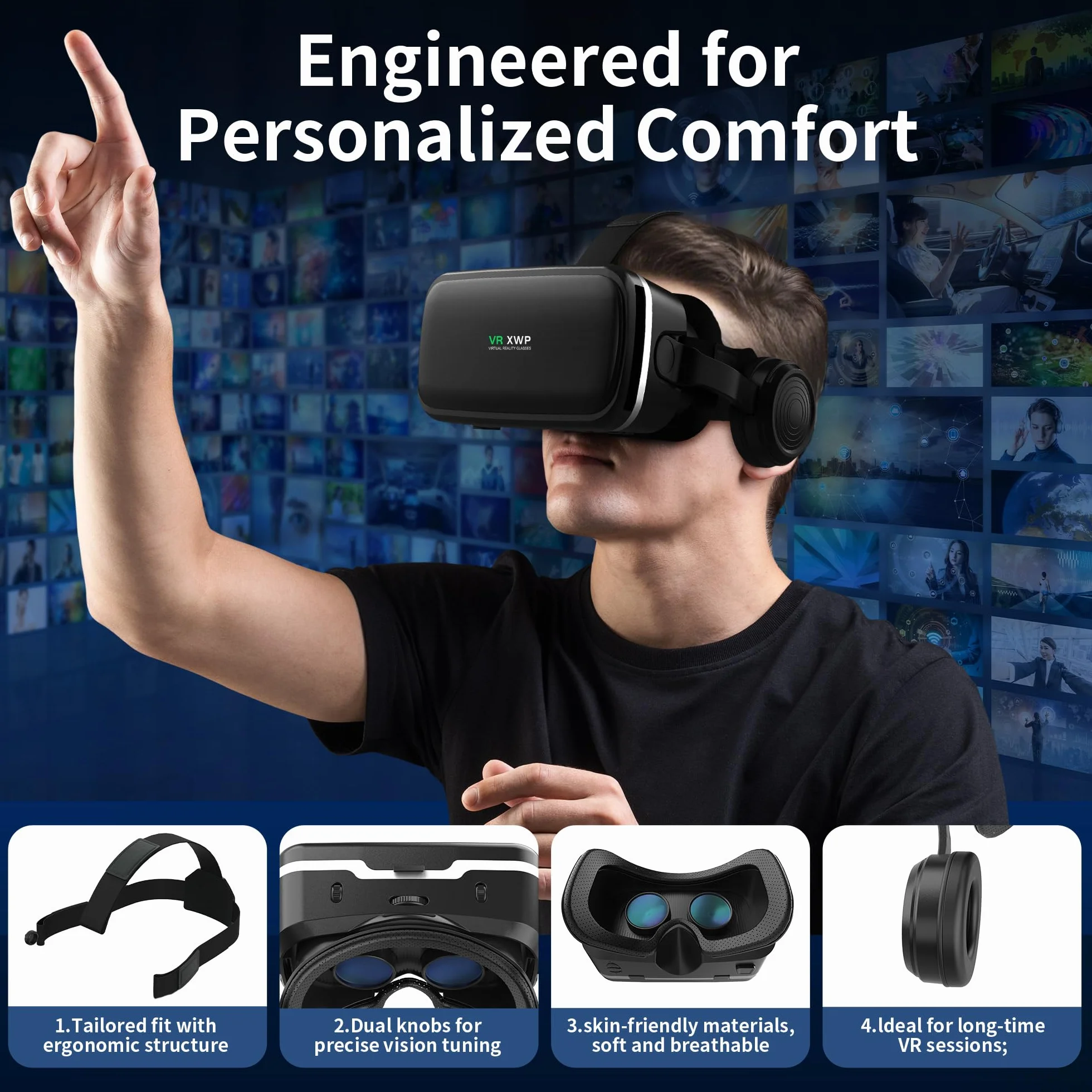 XWP Visore Realtà Virtuale 3D Con Cuffie Per Smartphone, Occhiali VR Con Lenti HD, Compatibile con IPhone&Android 4,7–6,8", Per giochi e film, Festività Per Amici E Famiglia
