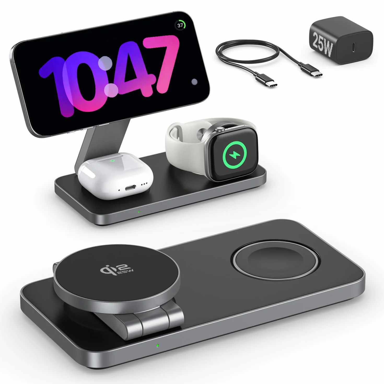 EXW Caricatore Wireless con Qi2.2 25W Compatibile con MagSafe, Stazione di Ricarica Wireless 3 in 1 per iPhone 17 16 15 14 13 12, Apple Watch 11-4/Ultra/SE, AirPods, con 35W Adapter