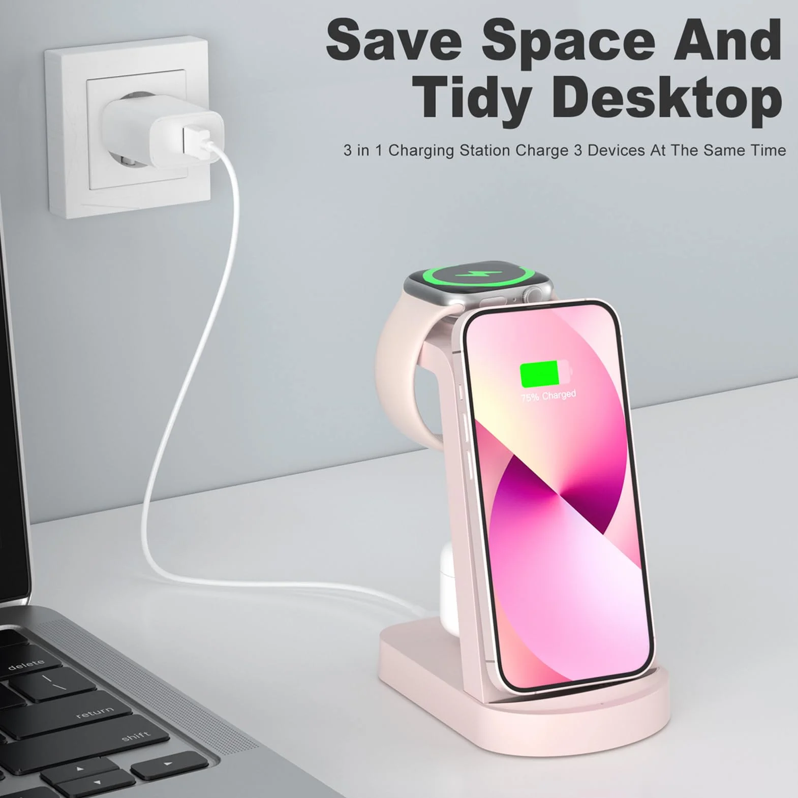 3 in 1 Caricatore Wireless,INNISTO 3 In 1 ricarica wireless station Compatibile Con i phone 15 14 13 12 11 Pro Max/Xs/Xr/X,Caricatore Apple Watch Ultra 9 8 7 6 5 4 3 2 SE,Airpods Pro/3/2/1 Rosa