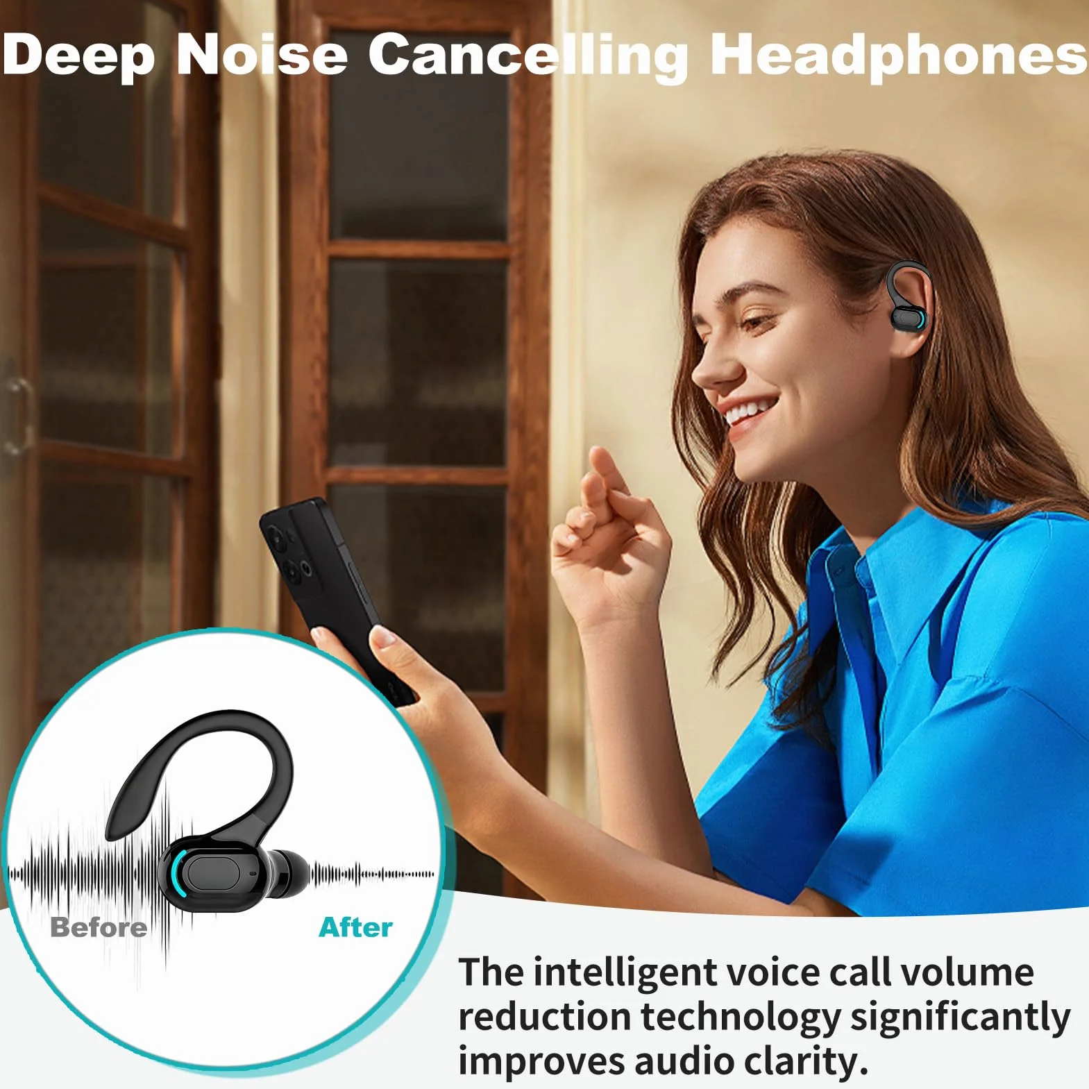 Auricolare Bluetooth Mono senza fili V5.2, microfono integrato a mani libere orecchio, 70 mAh, fino a 20 ore di riproduzione, design a 360° sopra l'orecchio, uso casco wireless per iPhone, Android e