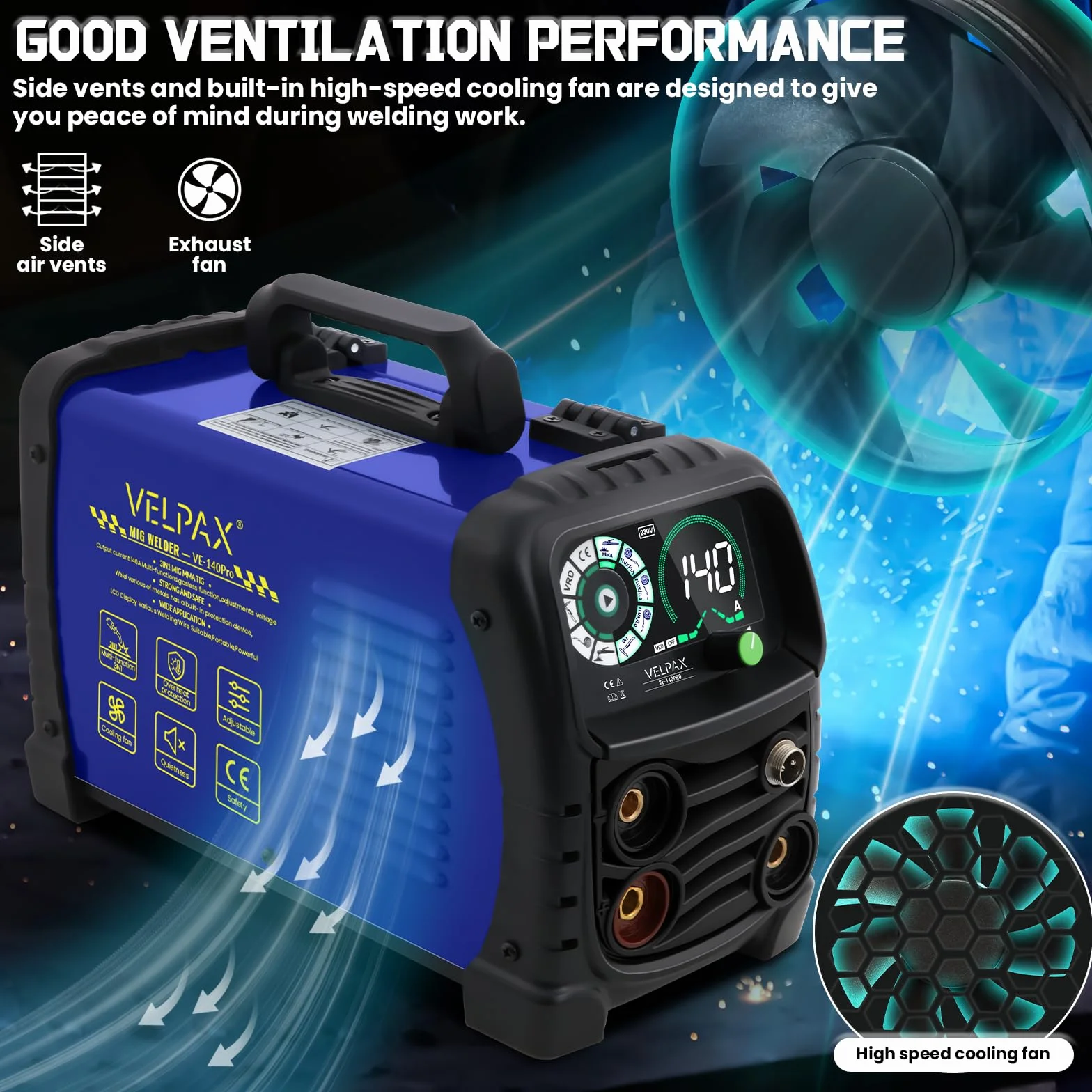 Saldatrice a Filo Continuo Senza Gas 140A 3 in 1 MIG/ARC/Lift TIG IGBT Inverter con Display LED