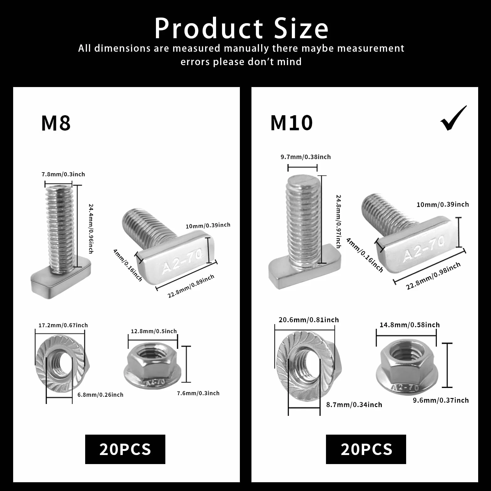Bulloni a T M10 x 25 mm Acciaio Inox A2-70 Viti Testa a Martello per Serra Fotovoltaica