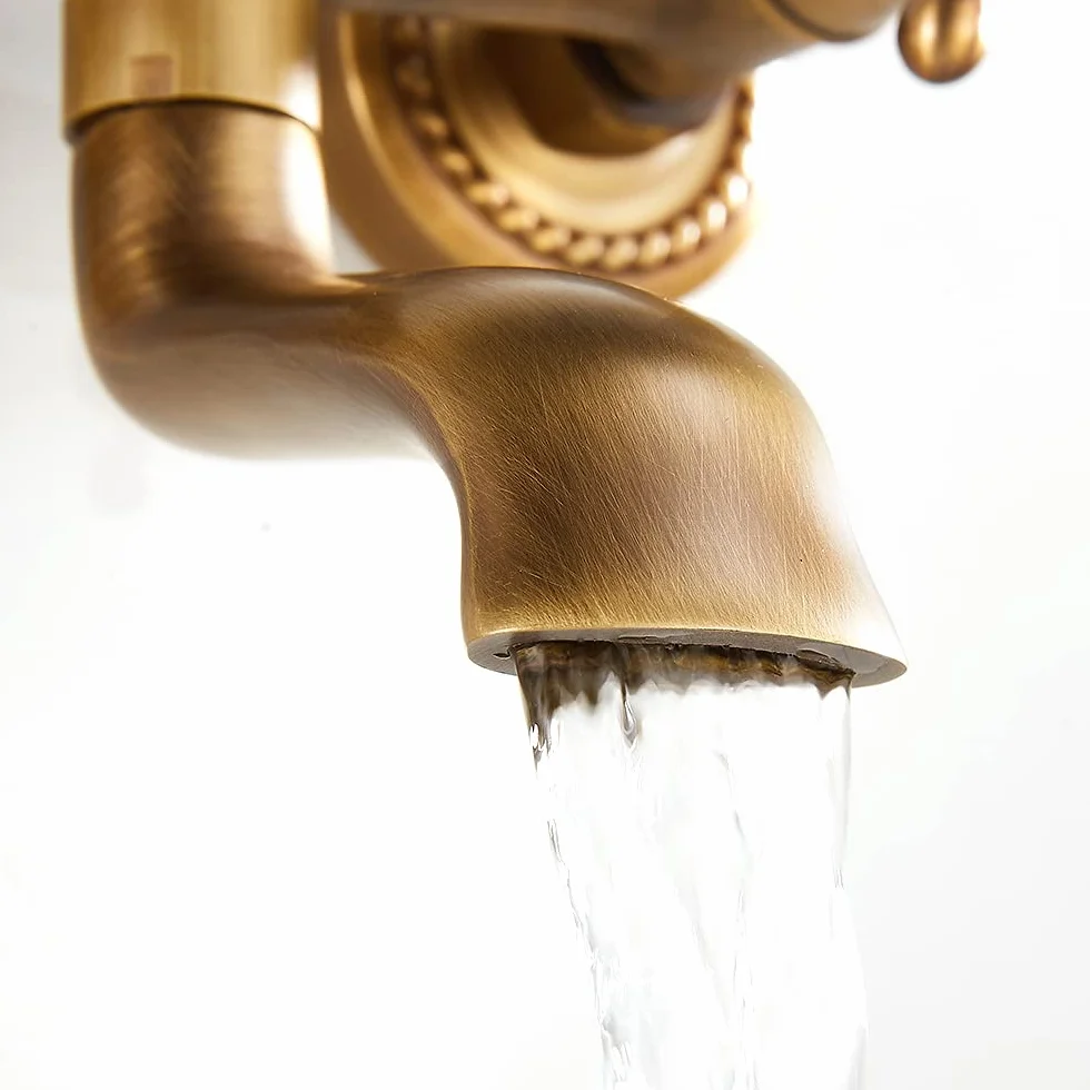 Rubinetto Ottone a Muro Anticato Miscelatore a Parete Doppio Leva Caldo e Freddo Rotazione 180°