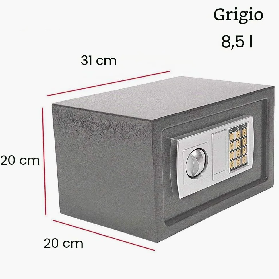 Cassaforte Elettronica con Tastiera Digitale e 2 Chiavi, Cassetta di Sicurezza a 8,5L per Home Office, Costruzione in Acciaio, Cassaforte a Muro Protezione di Denaro, Gioielli, 31x20x20cm, Grigio