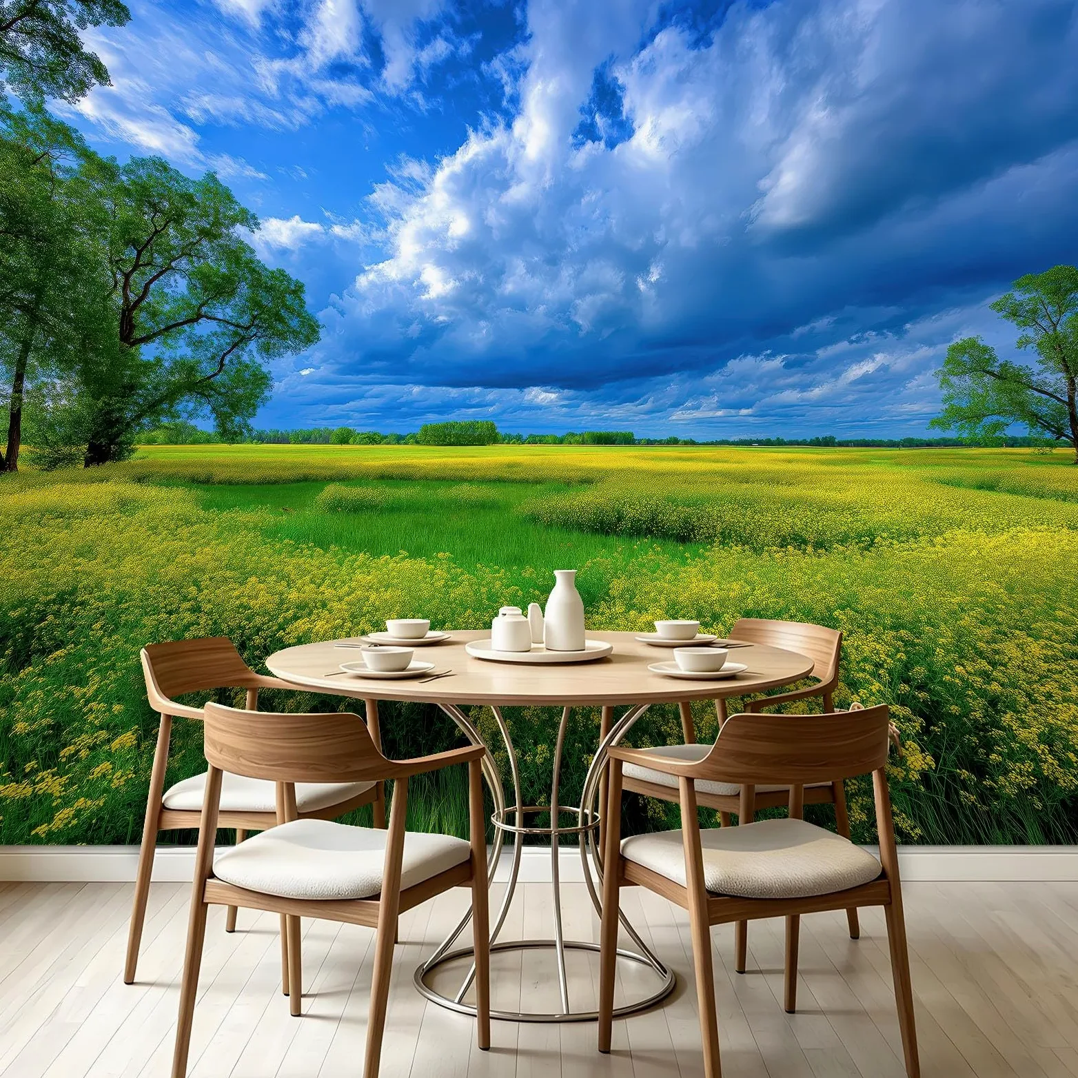 Carta da parati in tessuto non tessuto, 400 x 280 cm, decorazione da parete per sala da pranzo, corridoio, facile da montare, paesaggio, campo di colza, cielo, fiori