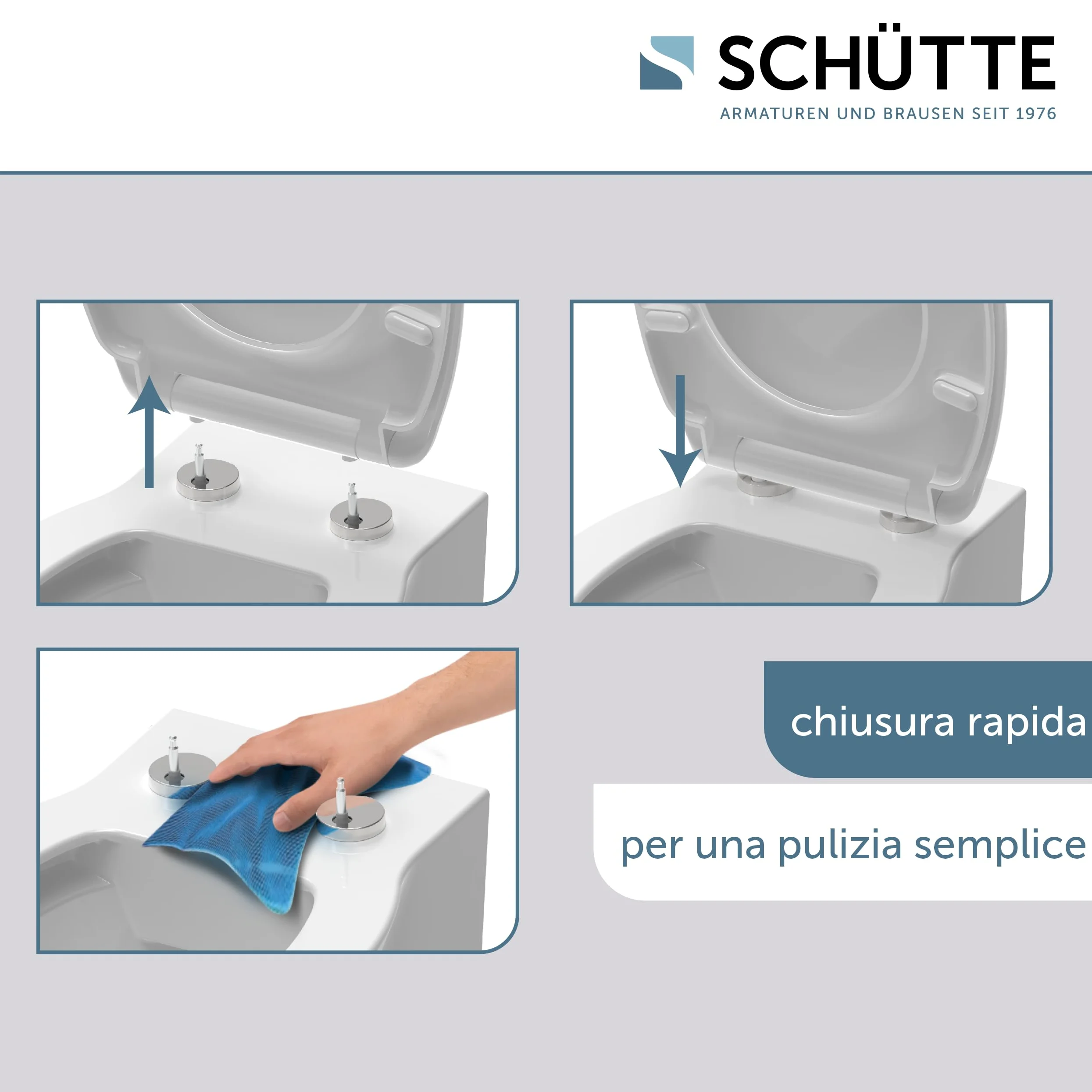 SCHÜTTE 82584 - Sedile WC in Duroplast High Gloss, bianco, con abbassamento automatico e chiusura rapida, motivo