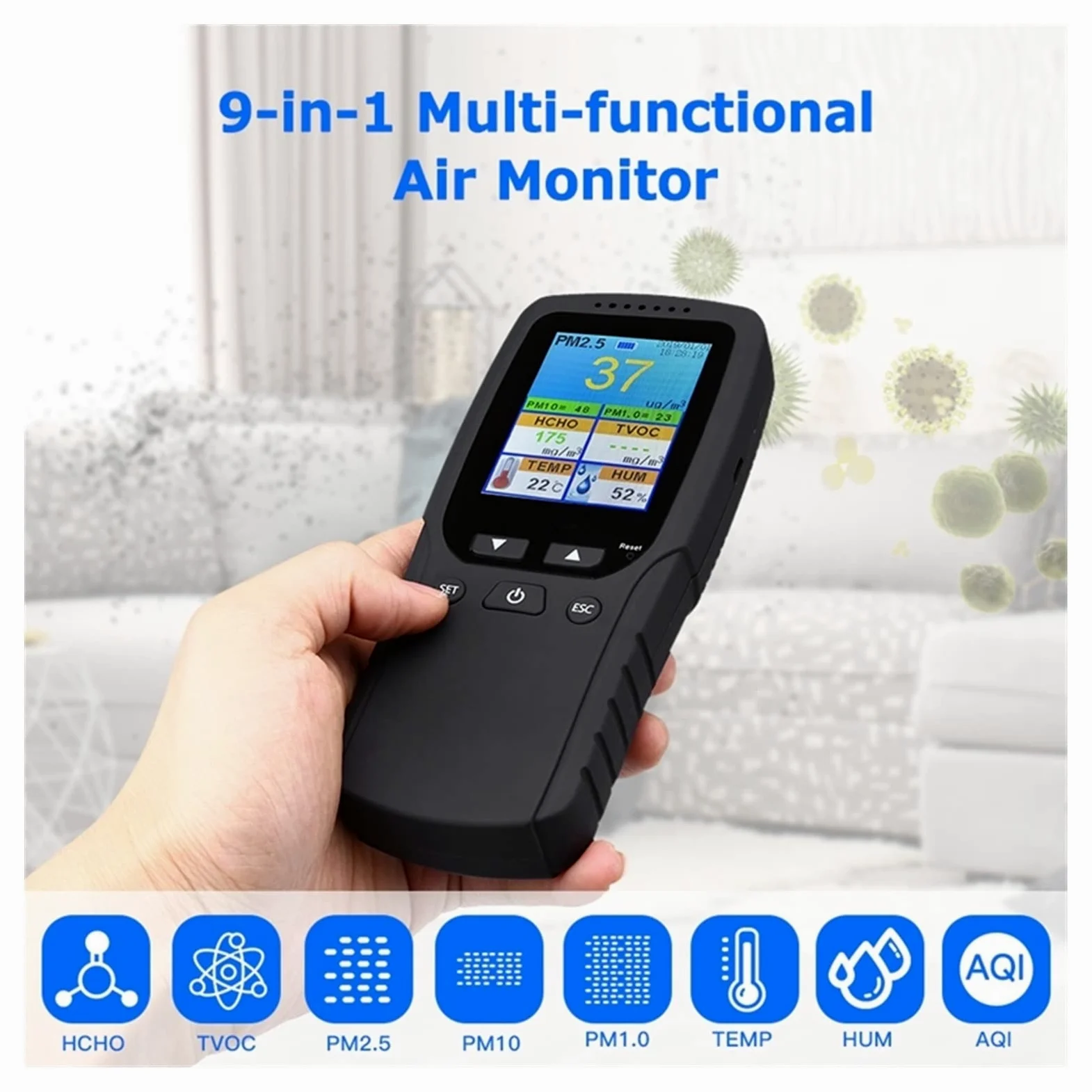 Rilevatore Gas, Monitor della qualità dell'Aria 9 in 1 Indoor Outdoor PM2.5, PM1.0, PM10, HCHO, rilevatore Tester Sensore di Temperatura e umidità per Lavoro, Casa
