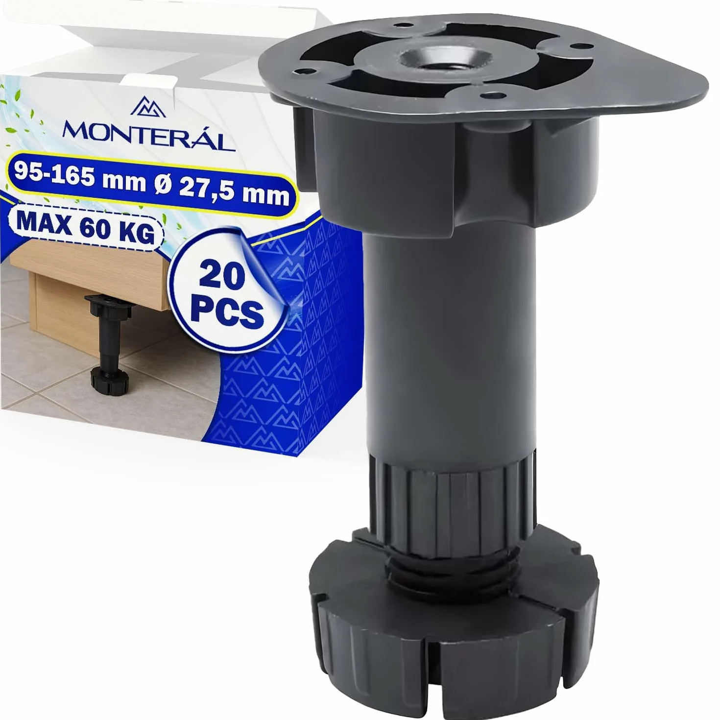 MONTERAL 20 Pezzi Piedini Regolabili per Mobili 95-165 mm Ø 27,5 mm Capacità di Carico 60 kg