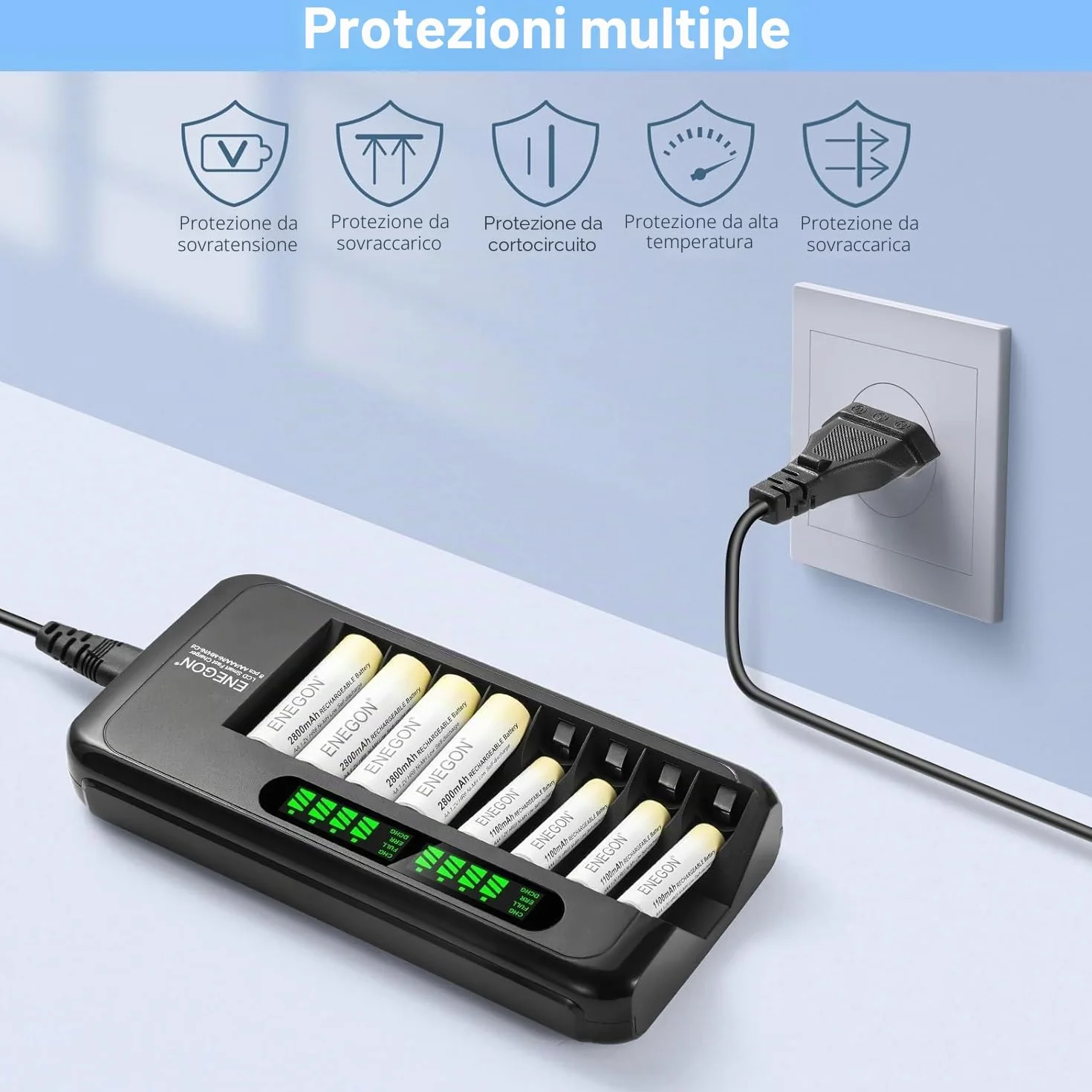 ENEGON Caricabatterie Rapido Intelligente per Batterie Ricaricabili AA AAA Ni-MH Ni-CD con Display LCD, 8 Slot Indipendenti, Protezione e Alimentatore 100-240V