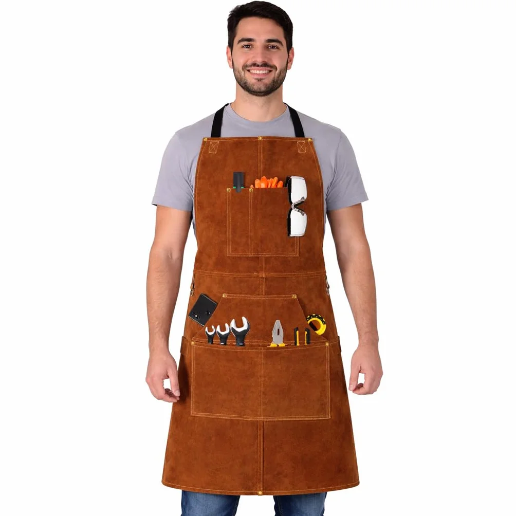 BWOLF SMITH Grembiule Saldatore in Pelle per Lavoro di Legno | Grembiule per Falegname con 6 Tasche | Grembiule per Saldatura e Resistente | Resistente al Calore | Regolabile