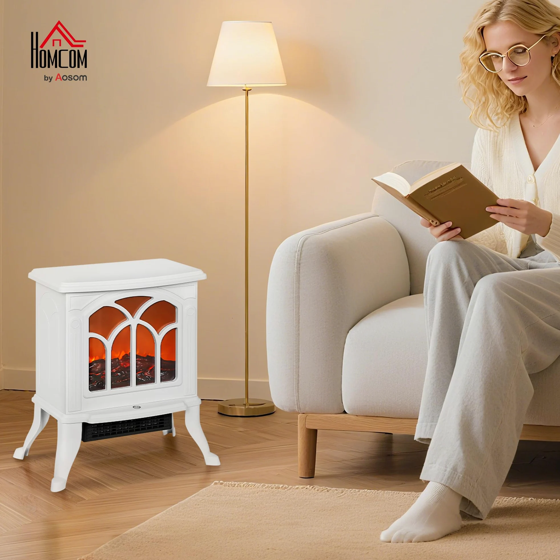 HOMCOM Camino elettrico su piedistallo 750/1500 W, falso camino decorativo con effetto fiamma LED, protezione contro il surriscaldamento, area di copertura 15-20 m², bianco