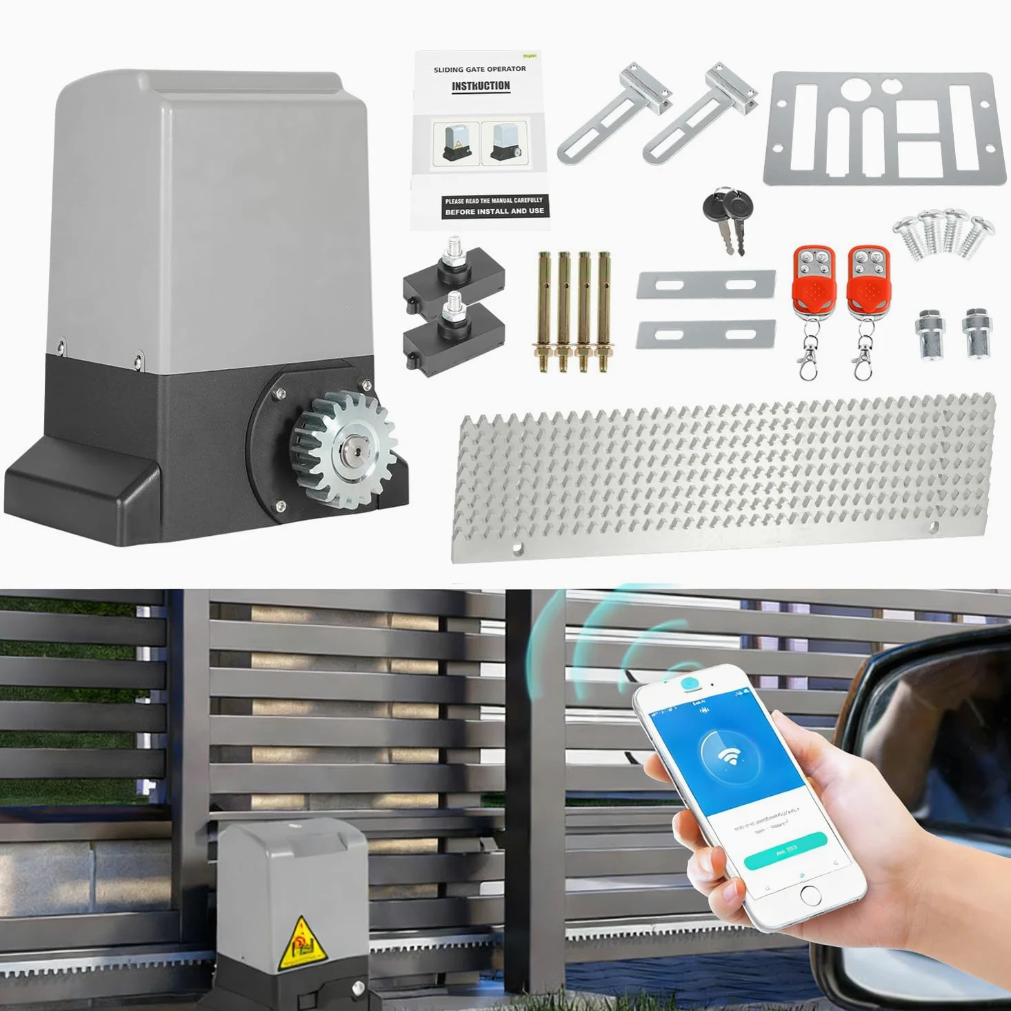 800kg 370W Smart WiFi Kit Automazione Cancello Scorrevole, Motore Cancello Scorrevole per Porte Fino a 12 m, con 2 Telecomandi, Cremagliera da 4 m e 2 chiavi