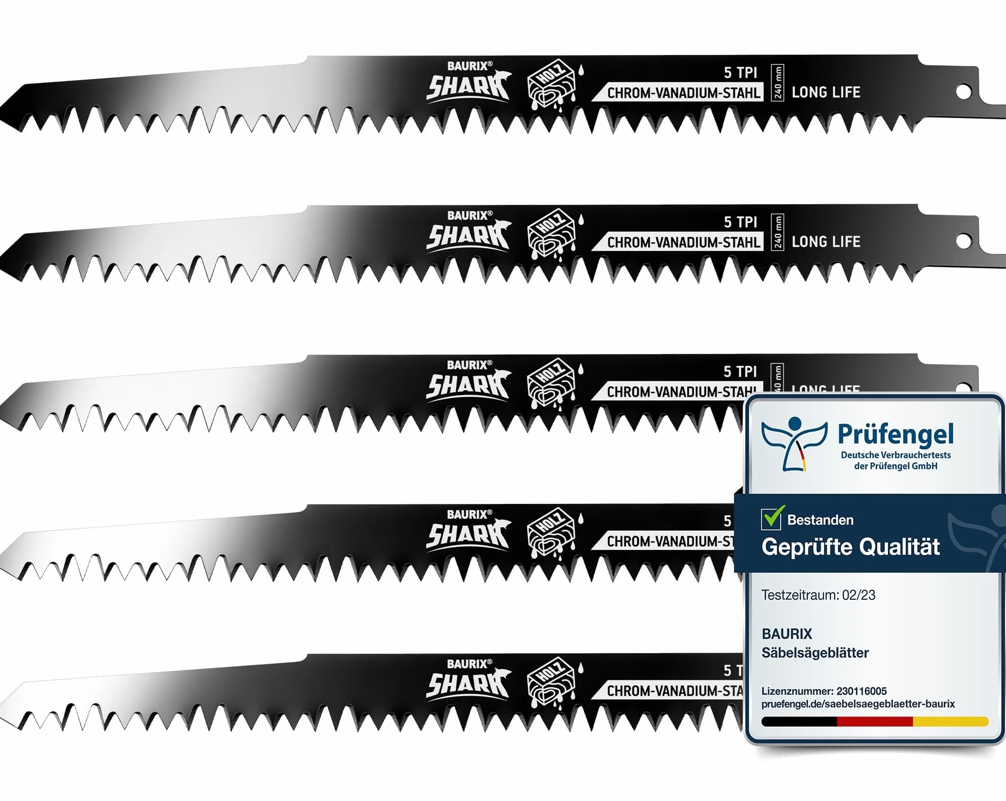 BAURIX® Lame per Seghetto SHARK® [5 Pezzi] - 240 mm - 5 TPI - Per Tagli Veloci e Puliti su Legno Grezzo, Umido, da Ardere e Vivo