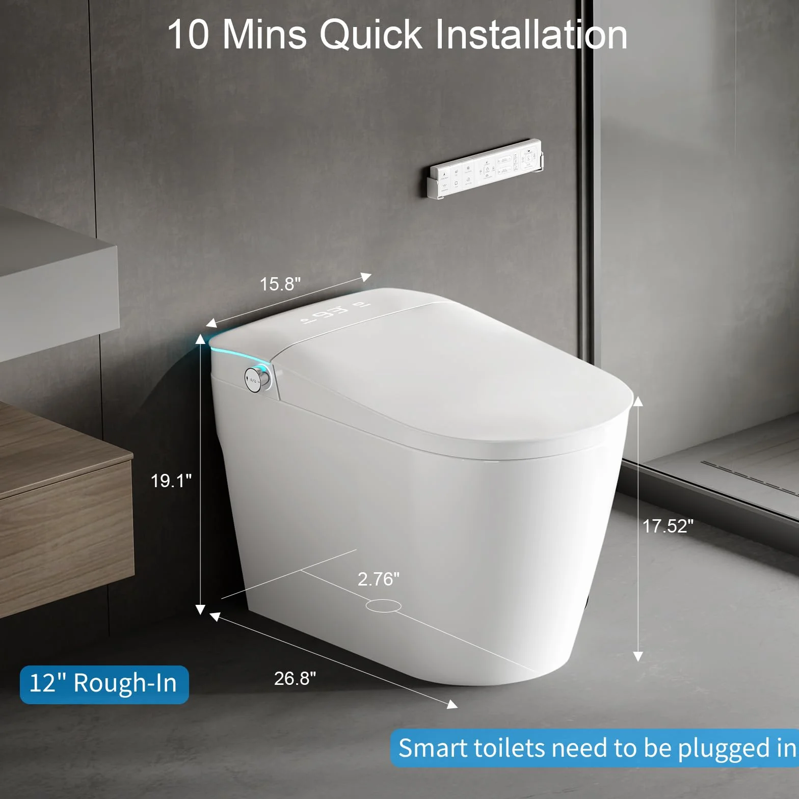 WC intelligente con bidet integrato, sedile riscaldato, luce notturna, soft-close automatico, UV-C, monopezzo