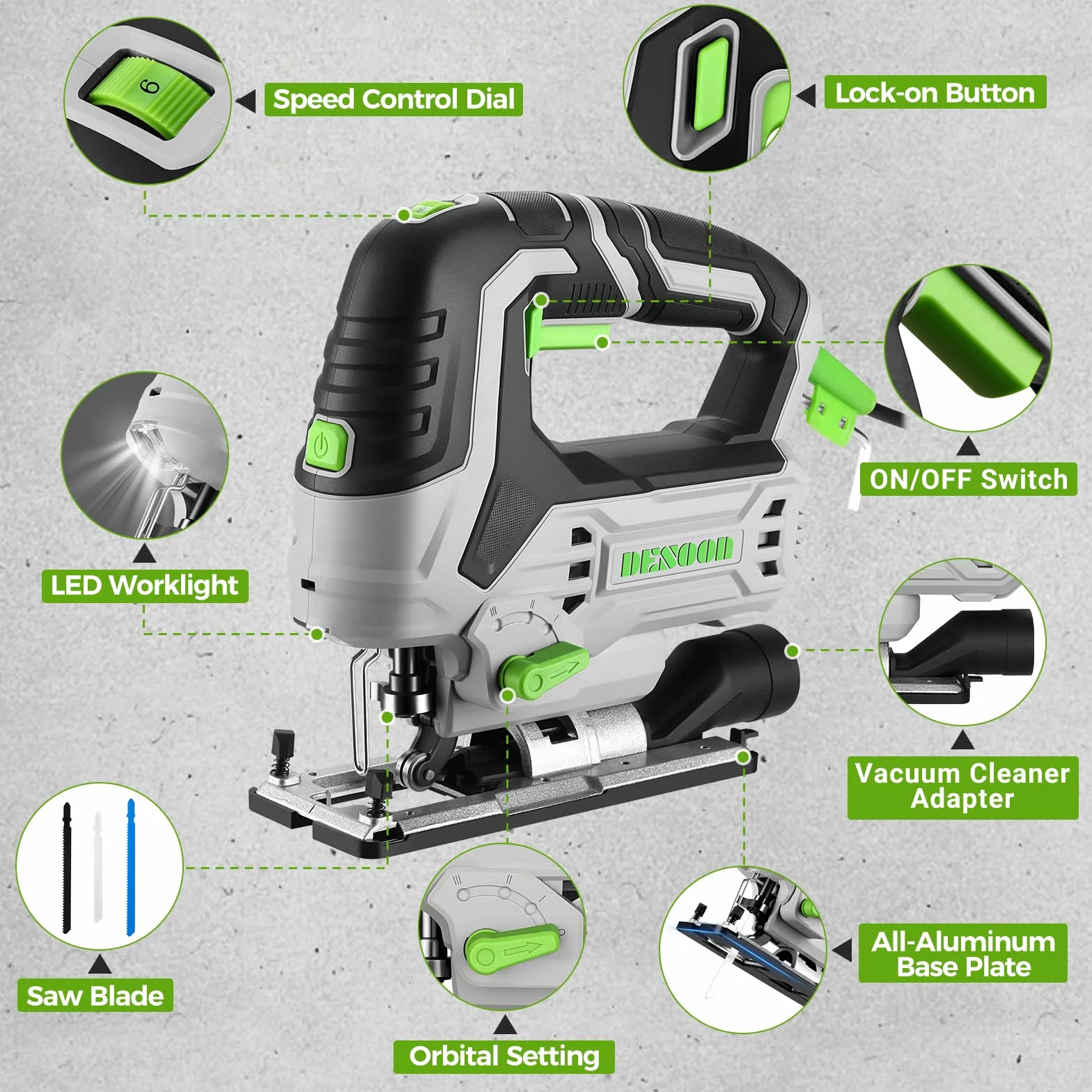 DESOON Sega alternativa da 800 W, Sega per legno con luce LED e laser, velocità variabile da 800 a 3000 SPM, taglio inclinabile ±45°, include 10 lame per sega per tagliare metallo, legno e plastica