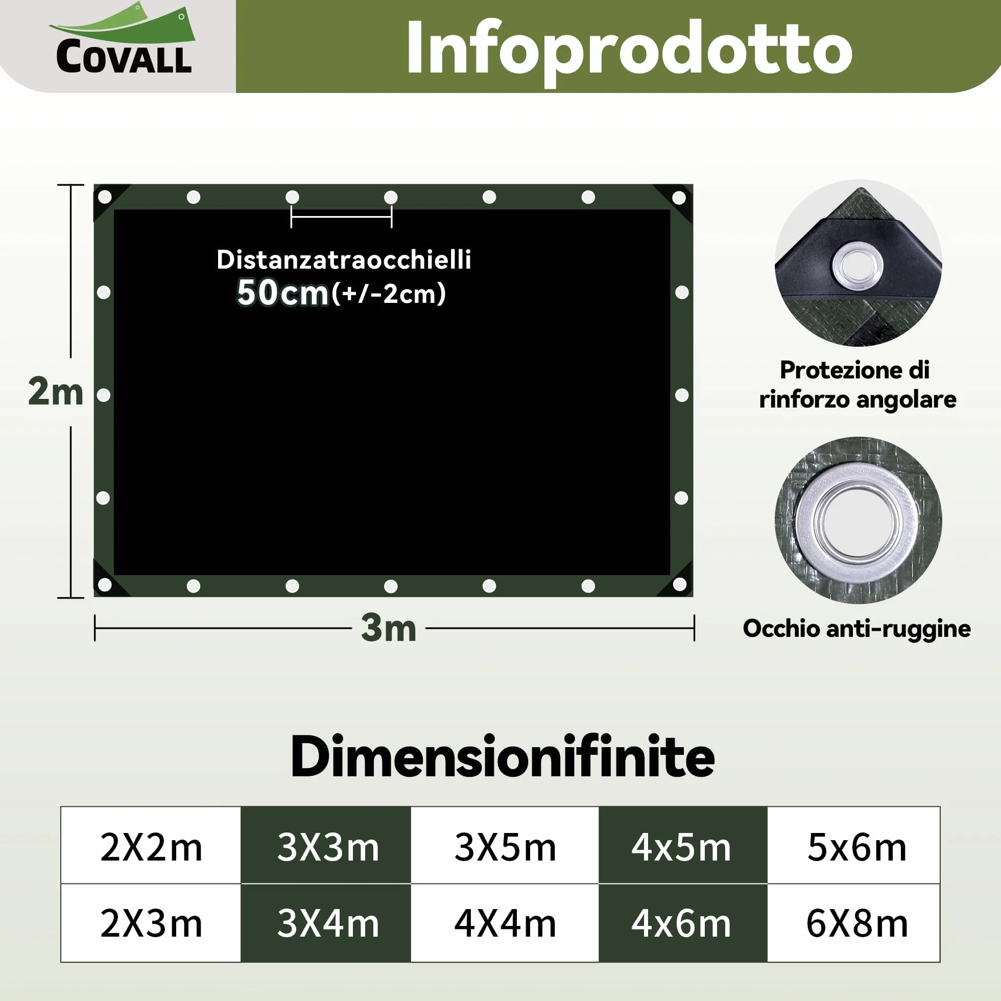 Telo Telone 2x3m telo impermeabile esterno，140g/㎡ telone Resistente Anti-UV Anti-Rottura Telo Fondale con Occhielli Rinforzati,Copertura Multiuso per Campeggio Piscina Tetto Auto Mobili Patio