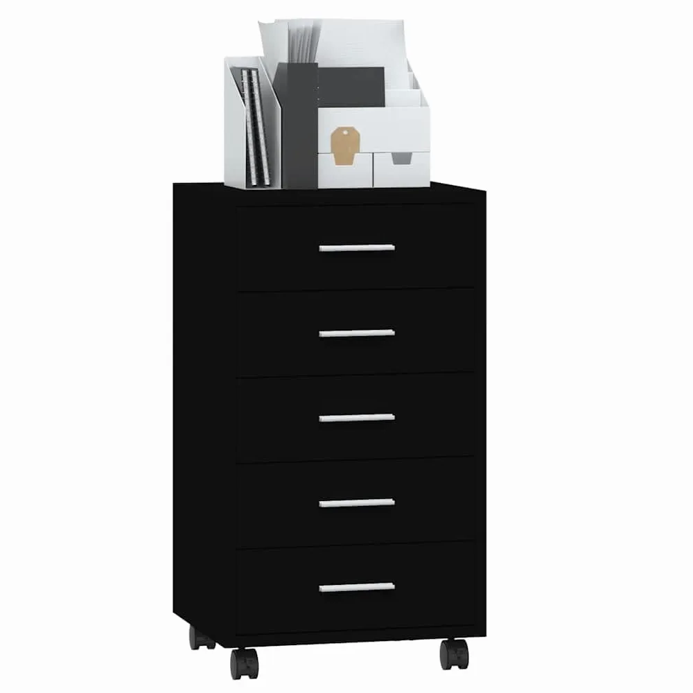 Cassettiera a rotelle nera, 33 x 38 x 63 cm, in legno, alluminio, 5 cassetti, flessibile, ufficio, studio, balcone, cameretta dei bambini