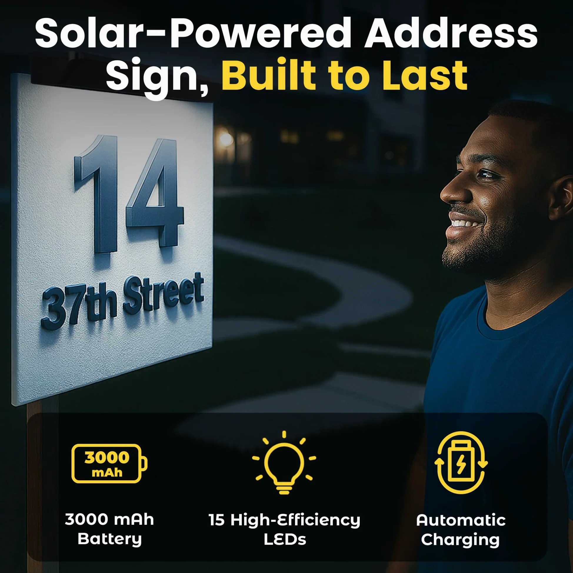 Brighticonic Segnale solare per indirizzi, IP65, impermeabile, con numeri civici illuminati a LED, facile da installare, dal tramonto all'alba, on/off, per esterni, per cortile, case, affari, bianco