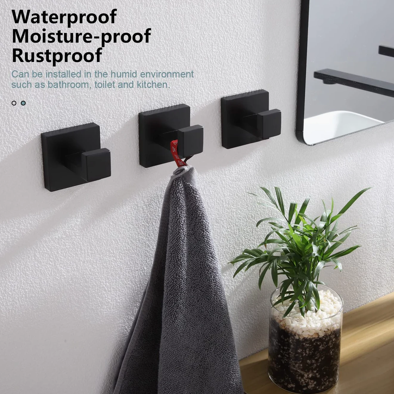 KOKOSIRI Gancio per asciugamano da bagno, da parete, quadrato, per accappatoio, bagno, cucina, garage, resistente, in acciaio inox SUS 304, confezione da 3 pezzi, nero opaco, B1010BK-P3