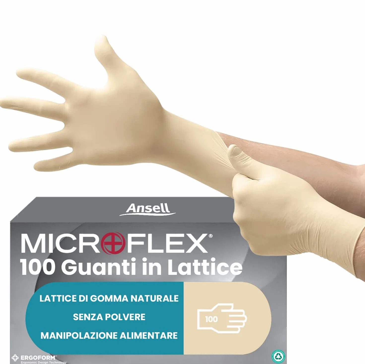 Ansell MicroFlex 63-864 Guanti Monouso in Lattice, Senza Polvere, Taglia M (100 Pezzi)