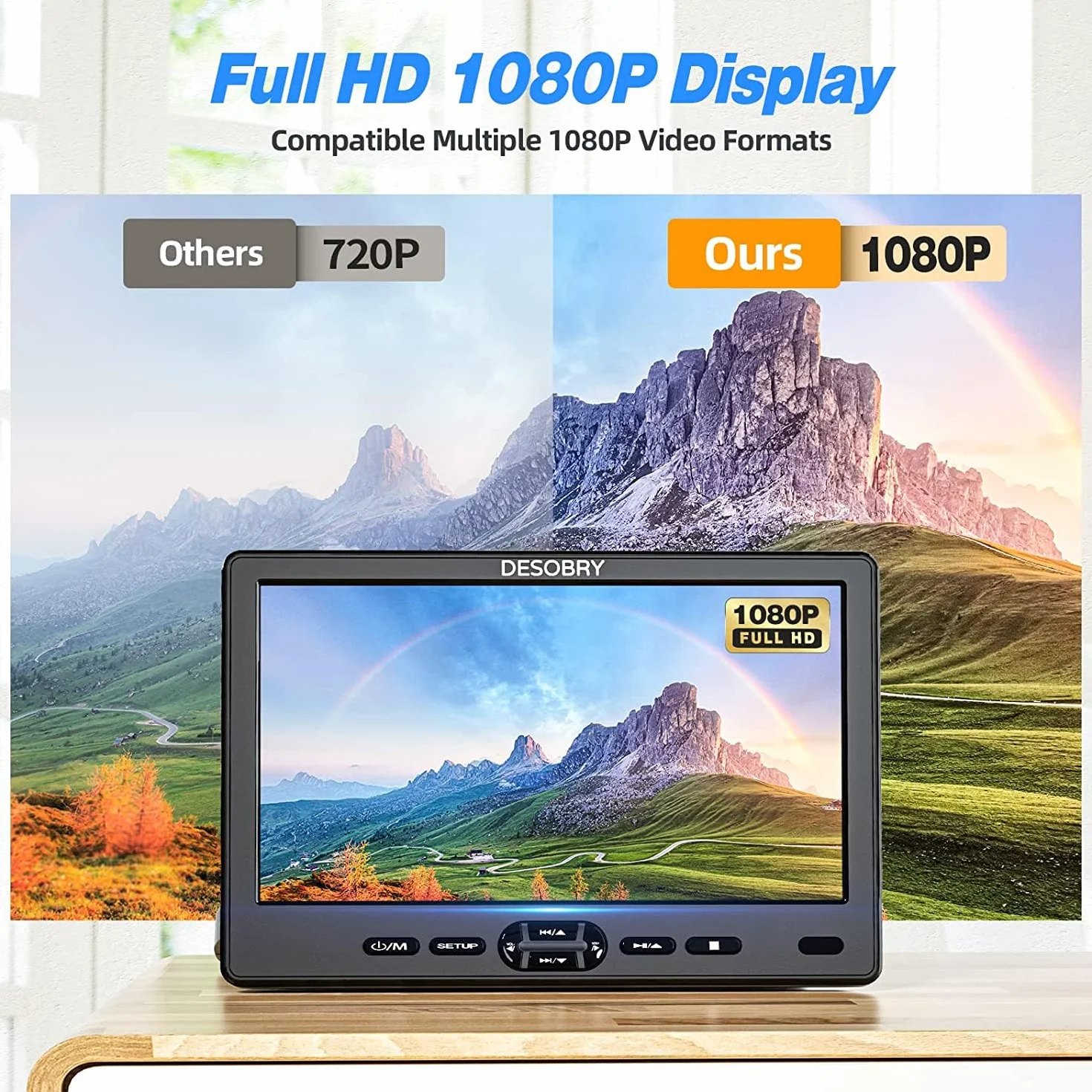 DESOBRY Lettore DVD per auto da 10,5 pollici con supporto per poggiatesta, lettore DVD portatile per auto con cuffie, ingresso disco a ventosa, supporto video 1080P