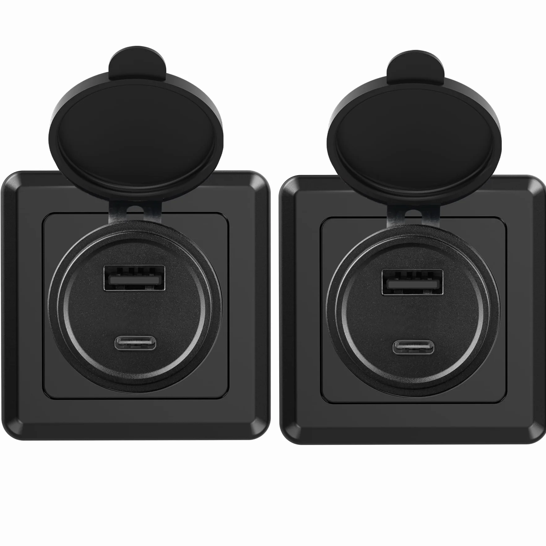 RV USB-A/C Dual Port Socket QC3.0 Tipo A & PD3.0 Tipo-C, Uscita di ricarica rapida USB in alluminio 12V con facciata nera, ideale per RV, barca, caravan, rimorchio camper (2 confezioni)