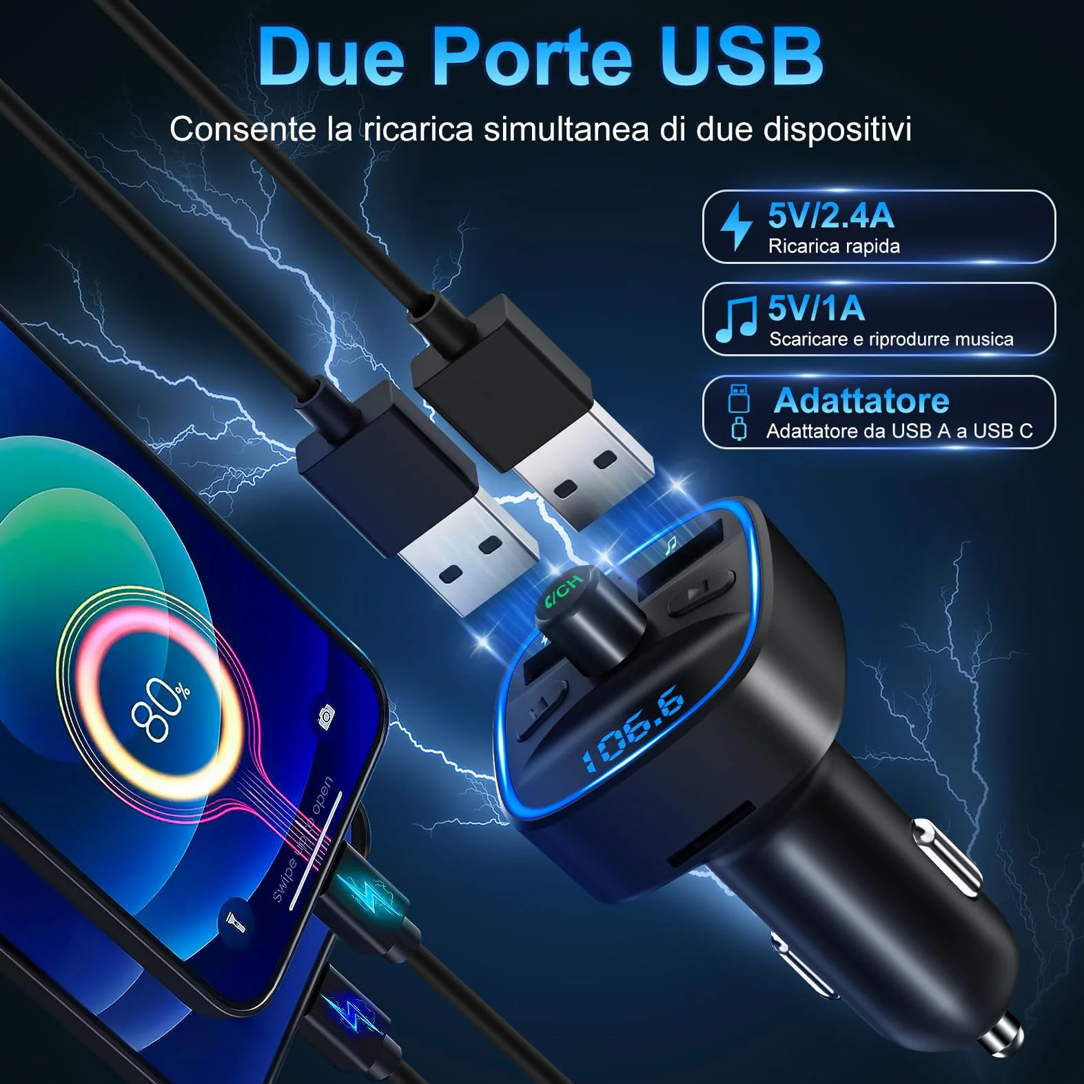 Trasmettitore FM Bluetooth 5.3 per Auto Radio, Adattatore Bluetooth Auto con 2 Porte USB, Kit Vivavoce MP3 Audio Lettore Caricabatterie Auto Supporto BT, Scheda TF, Disco USB