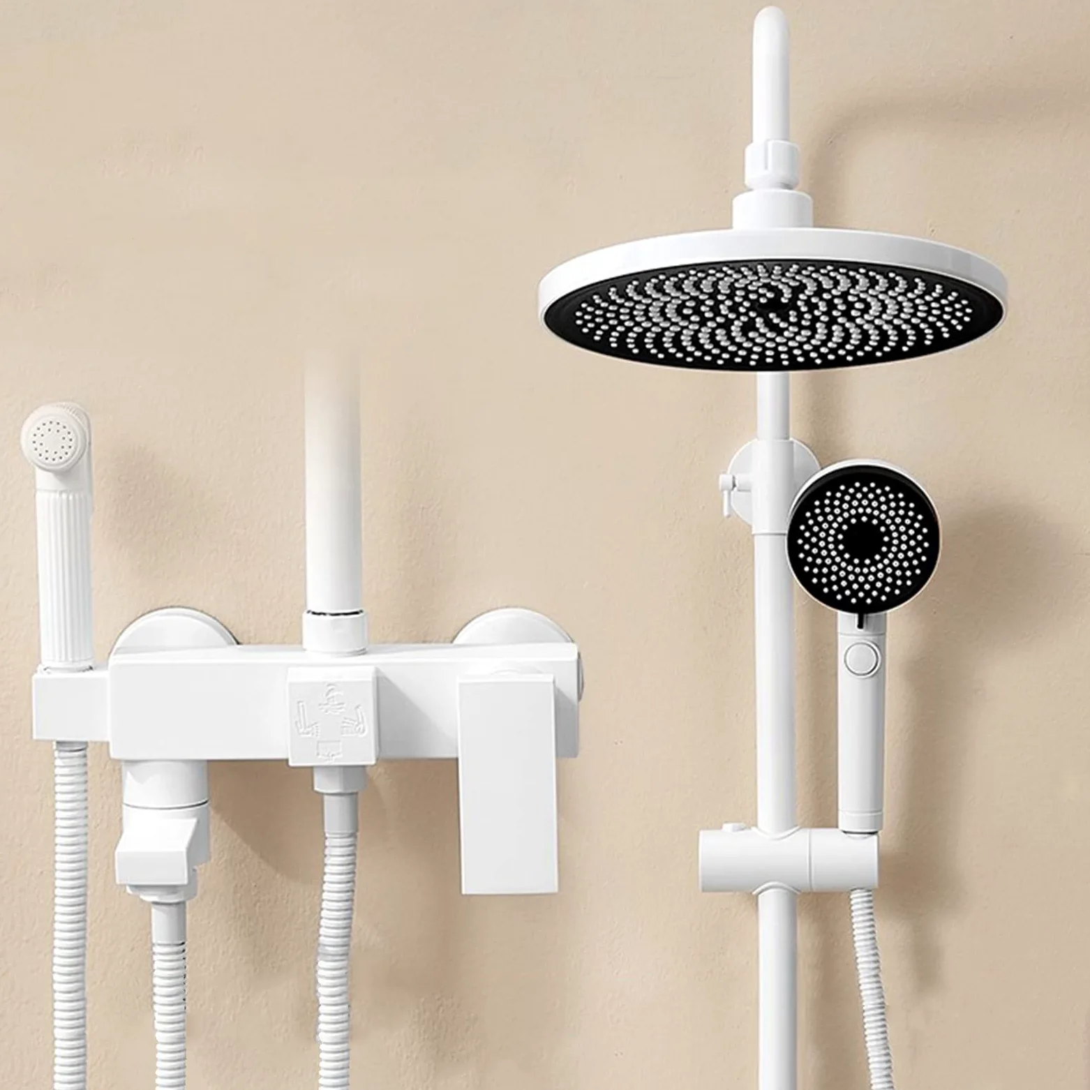 Sistema Doccia Bianco con Rubinetto a Parete, beccuccio per Vasca, Accessori per Il Bagno, soffione a Pioggia, doccetta a 3 modalità e doccetta per Bidet