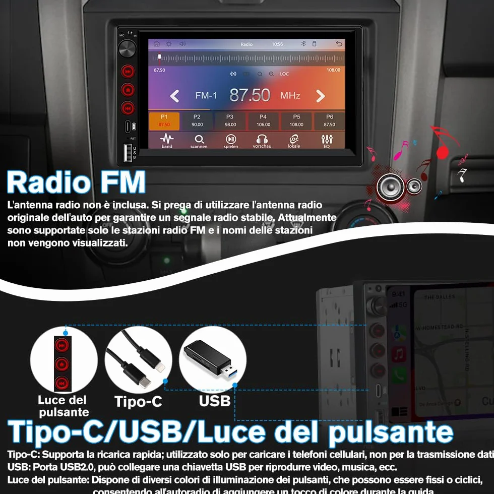 Universale Autoradio 2 DIN con Schermo Wireless CarPlay & Android Auto Bluetooth FM GPS USB Tipo-C Comandi al volante