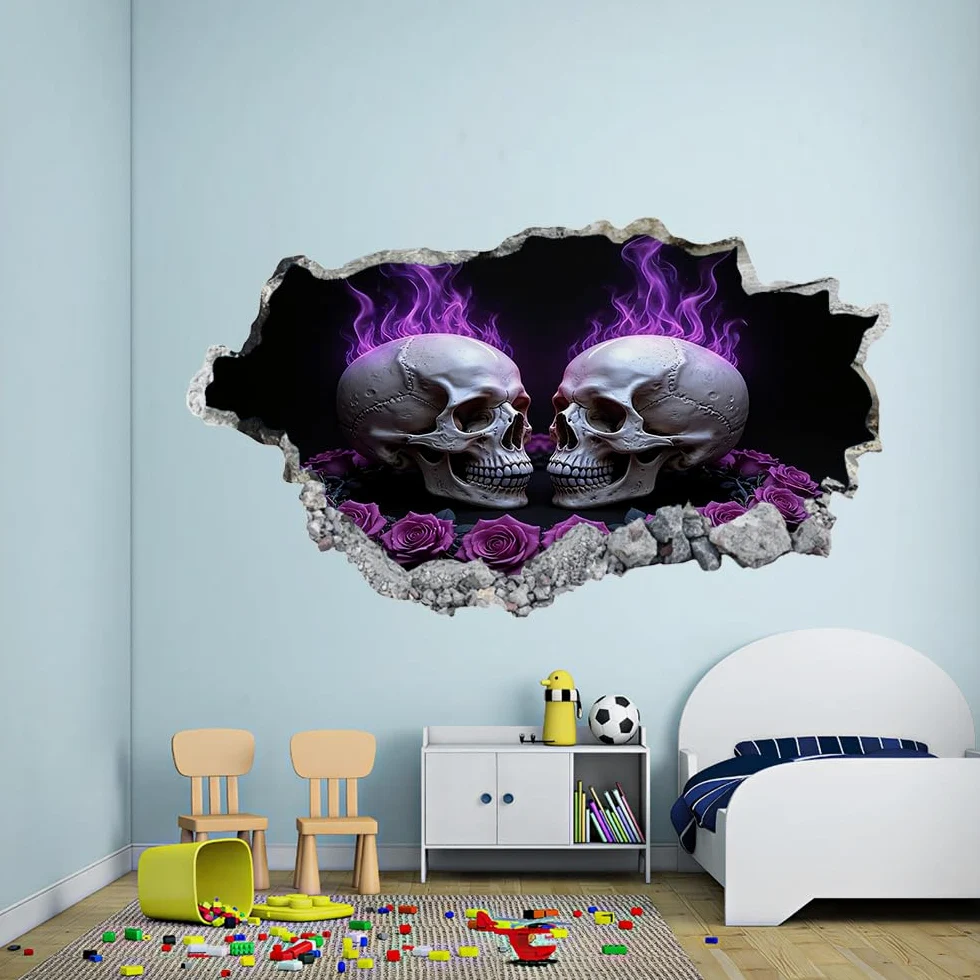 Decalcomanie da muro Art 3D Fracassato Cranio Adesivi murali removibili Fumo Viola Carta da parati Camera da letto autoadesivo per ragazze Camera da letto Nursery Home Decor Gift