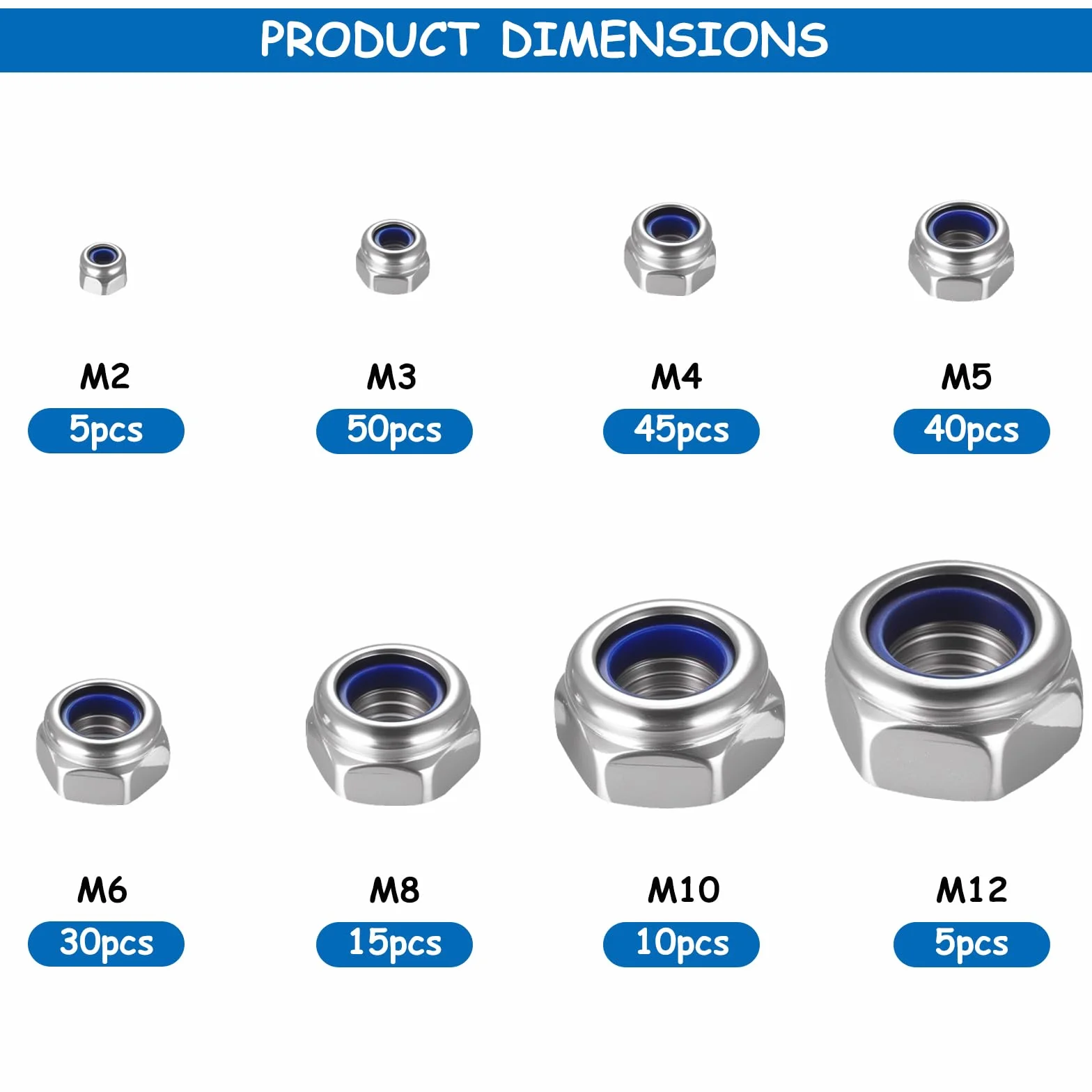 Set di dadi esagonali autobloccanti in acciaio inox M2-M12 per viti e barra filettata