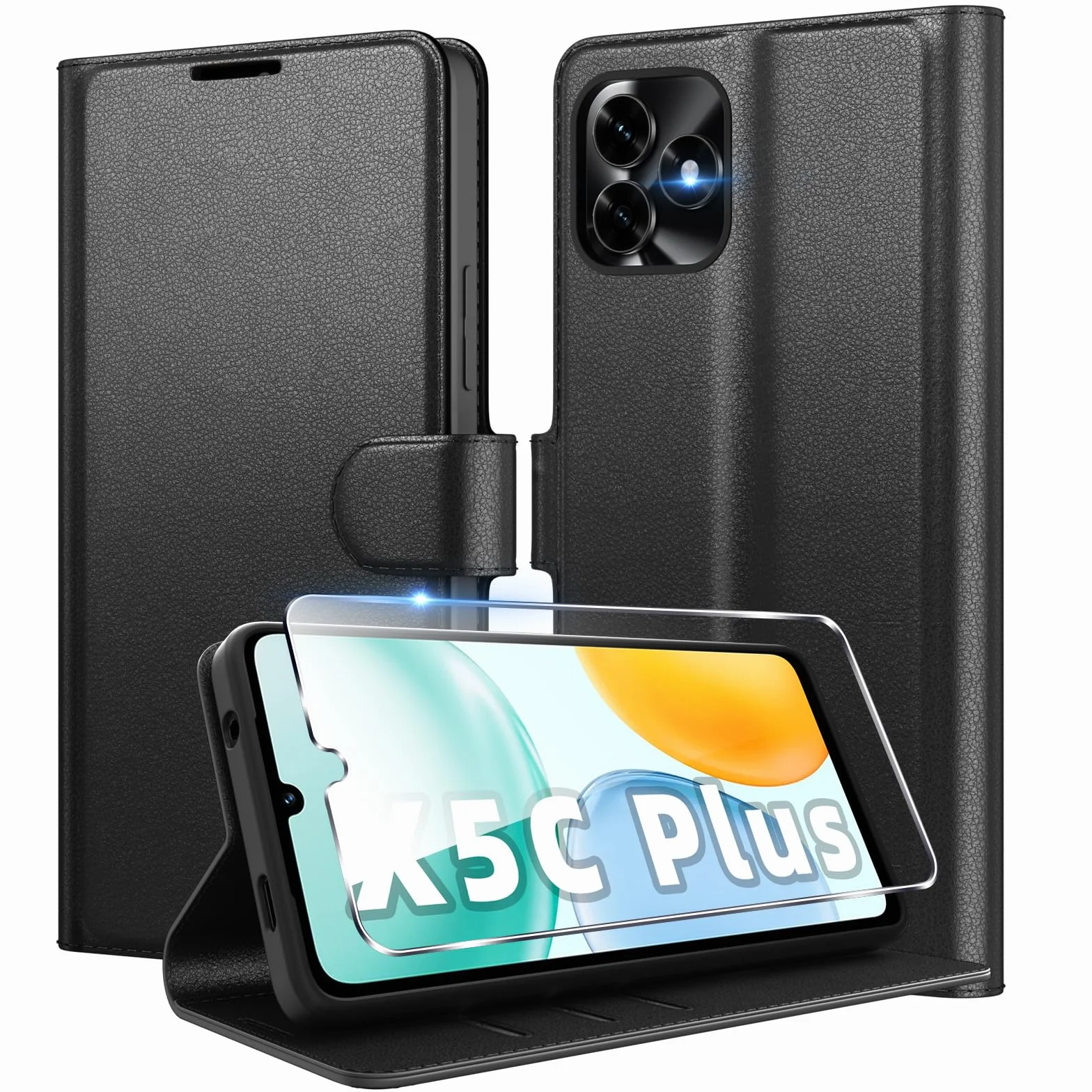 Cover per Honor X5C Plus Portafoglio Pelle PU Premium, Custodia Scomparti Carte Antiurto Protettiva Case con 1 Vetro Temperato, Nero