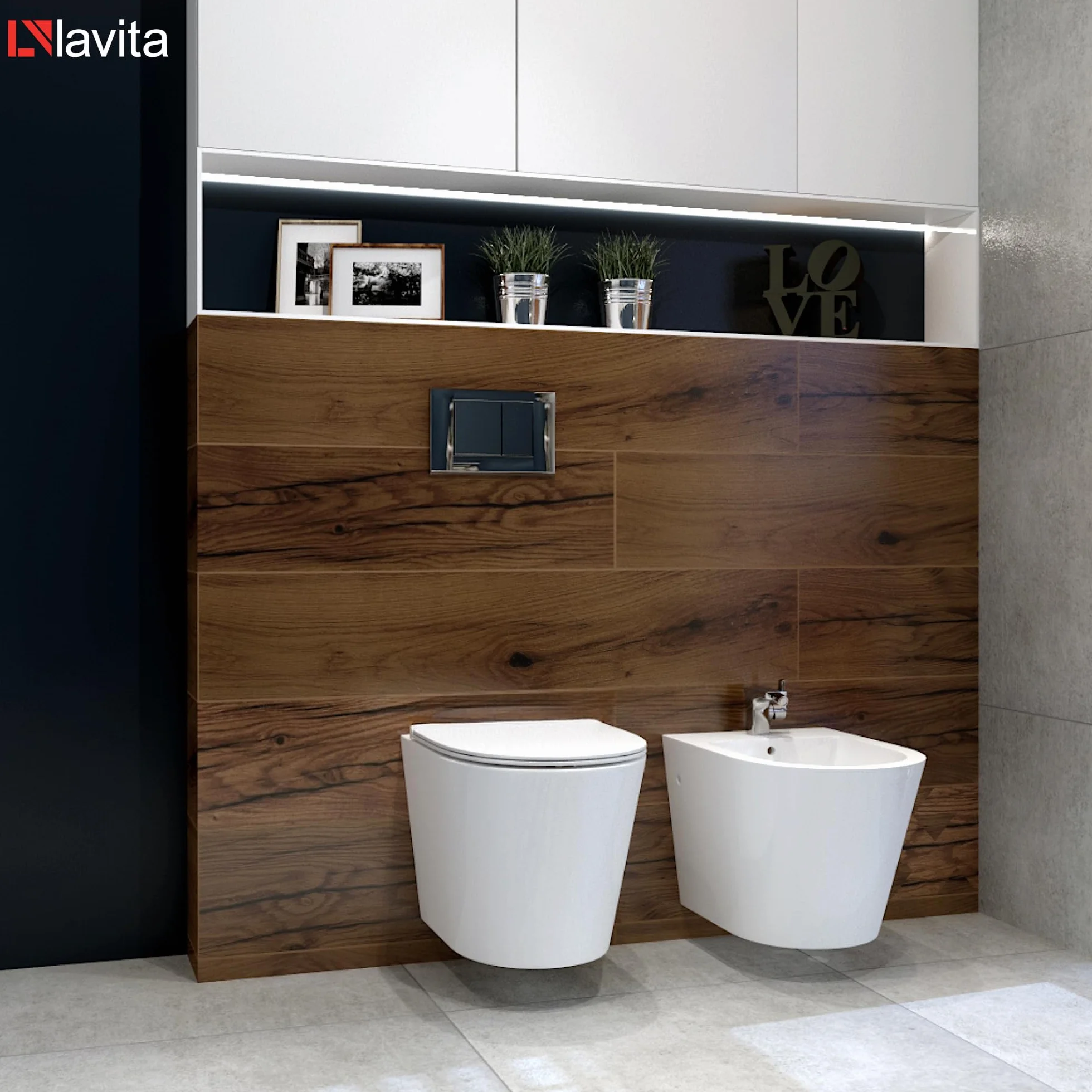 Lavita LAV 101 LAV 200.1.2 Set WC sospeso a parete 40cm fondo profondo GALVE Bianco senza brida Piastra comando Cromato