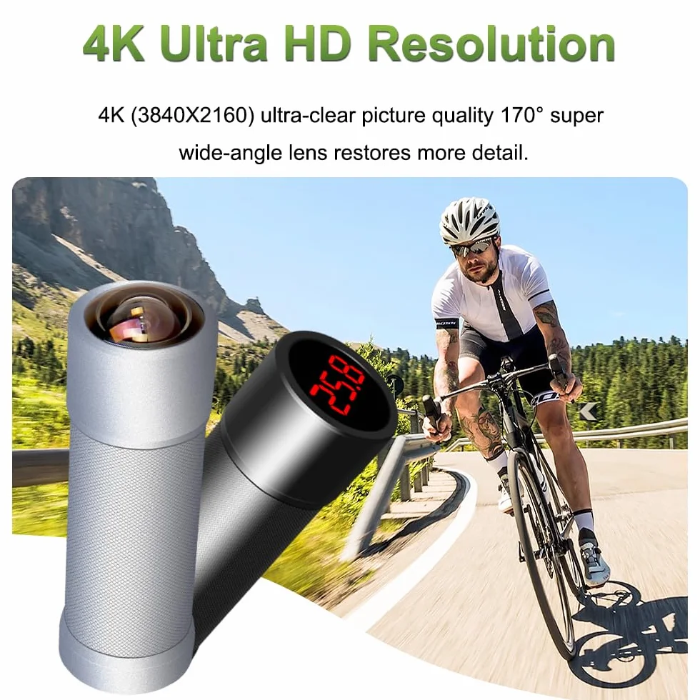 VSYSTO Obiettivo Fisheye HD 4K 170 gradi grandangolare fotocamera casco, Wi-Fi, termometro, visione notturna, supporta registrazione loop a lunga durata della batteria (U5X-PB)