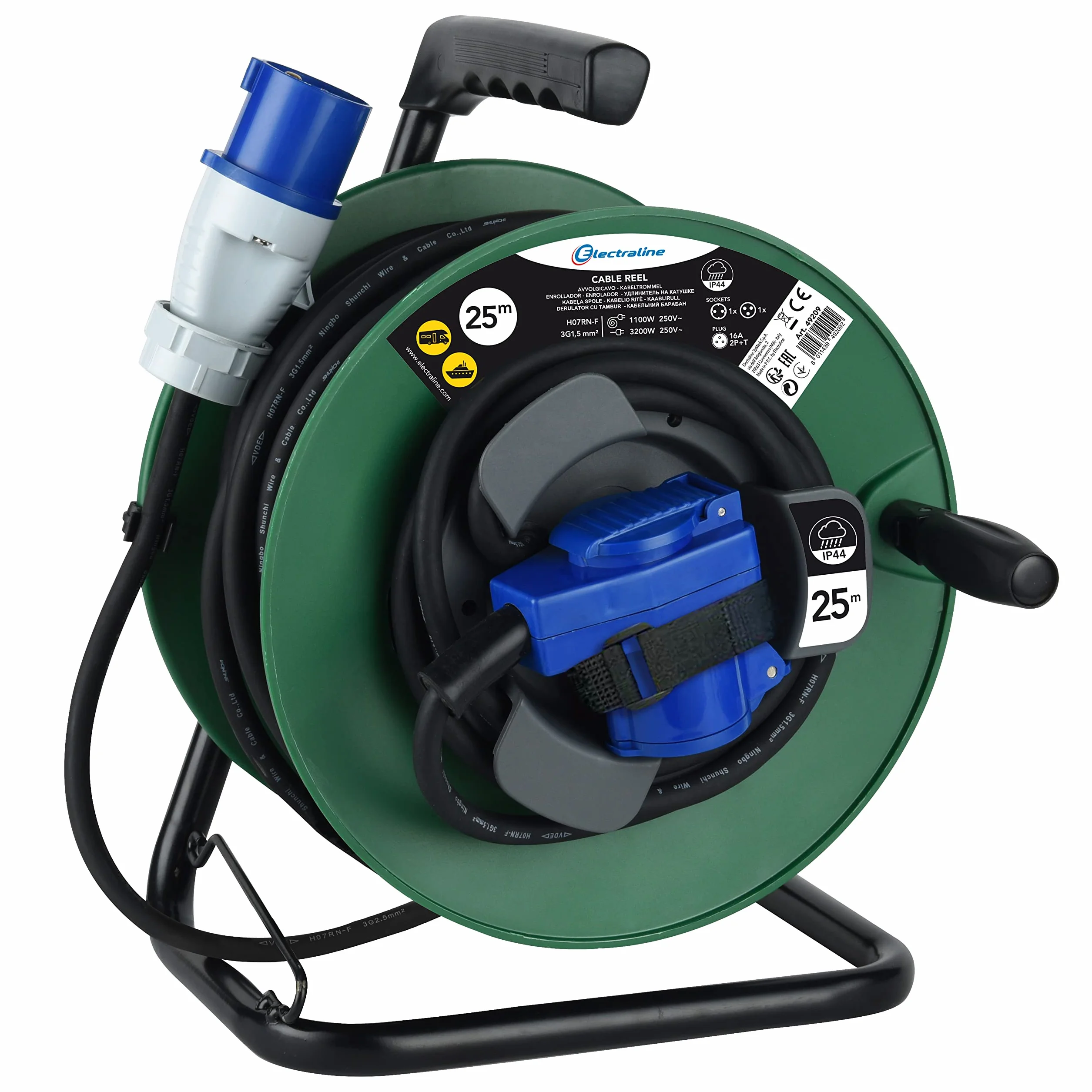 Electraline 49209 prolunga in gomma con avvolgicavo 25 mt per camper, campeggio, caravan, spina CEE 3 poli e 2 prese (industriale+Schuko) - IP44, Verde/Nero