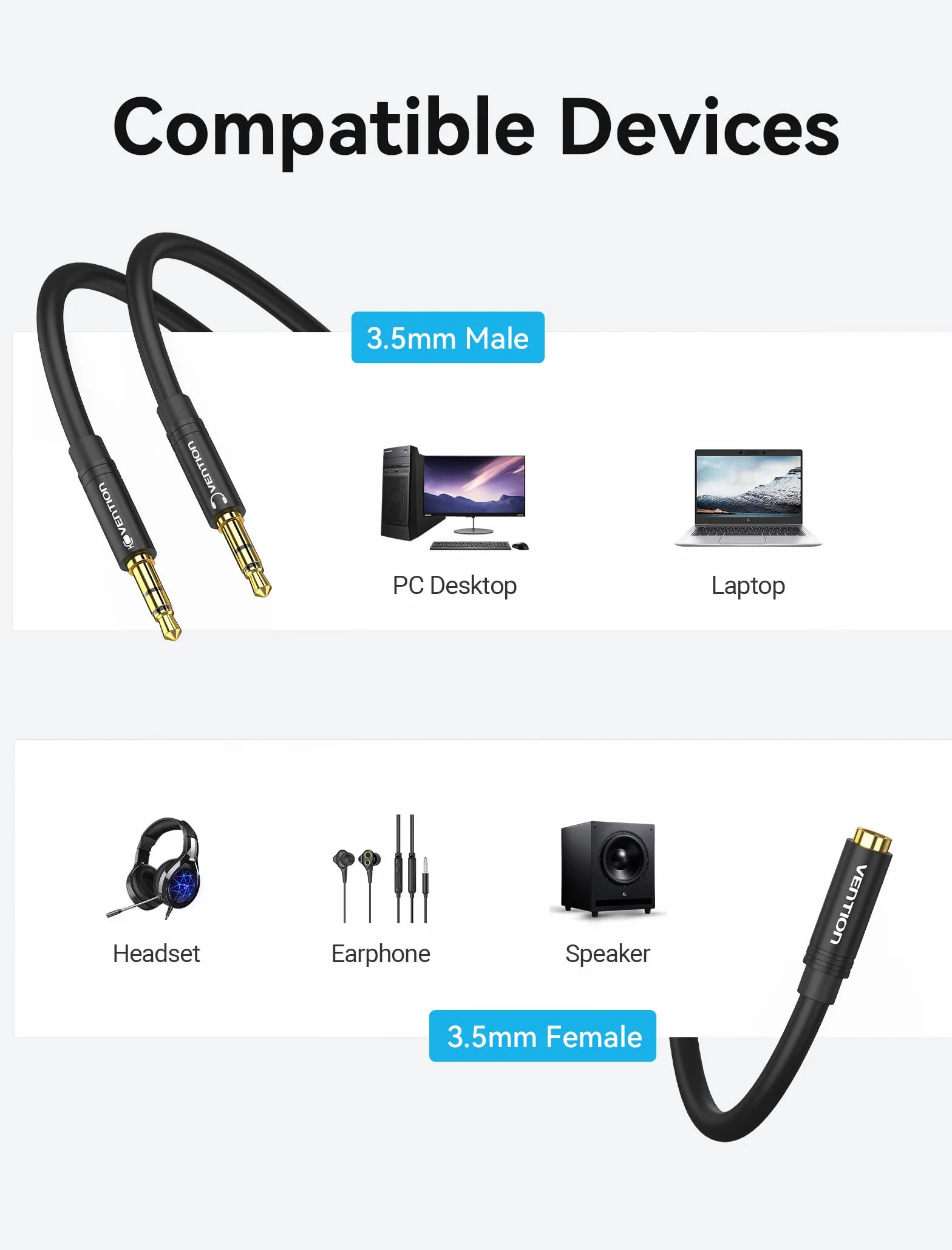 VENTION Sdoppiatore Cuffie Microfono Doppio Jack 3,5mm in Alluminio Maschio a Femmina Cavo Audio 2 in 1 per Notebook, PC, PS4, Xbox (1m)
