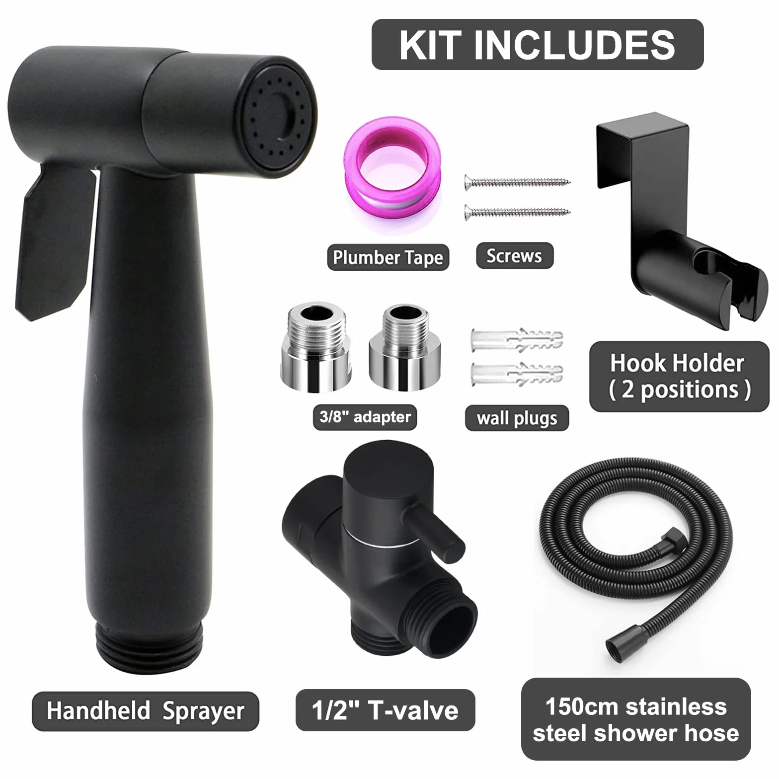 Set di doccetta per bidet, in acciaio inox spazzolato, bidet con valvola G1/2" e un adattatore G3/8" per doccia, bagno, carta igienica, pulizia dei pannolini (nero)