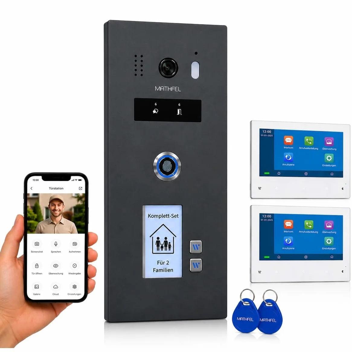 Videocitofono WLAN 2 famiglie, IP65, monitor da 7 pollici, telecamera HD 130°, memoria foto/video, switch PoE