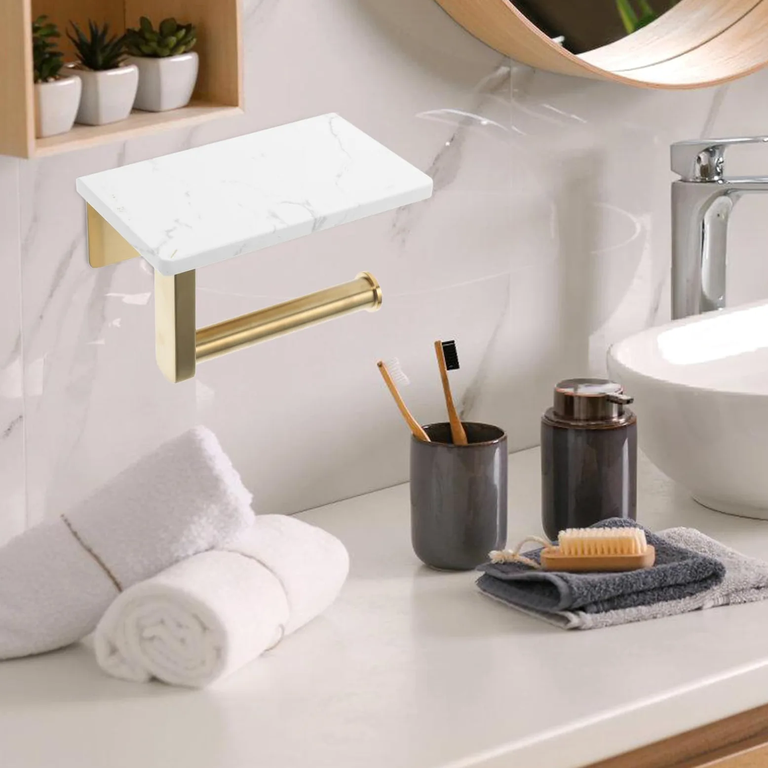 Portarotoli Carta Igienica da Parete Oro in Acciaio Inox Mensola Marmo | Distanza Fori 8, 3cm, Piano Superiore per Oggetti e Profumo, Stile Moderno Elegante