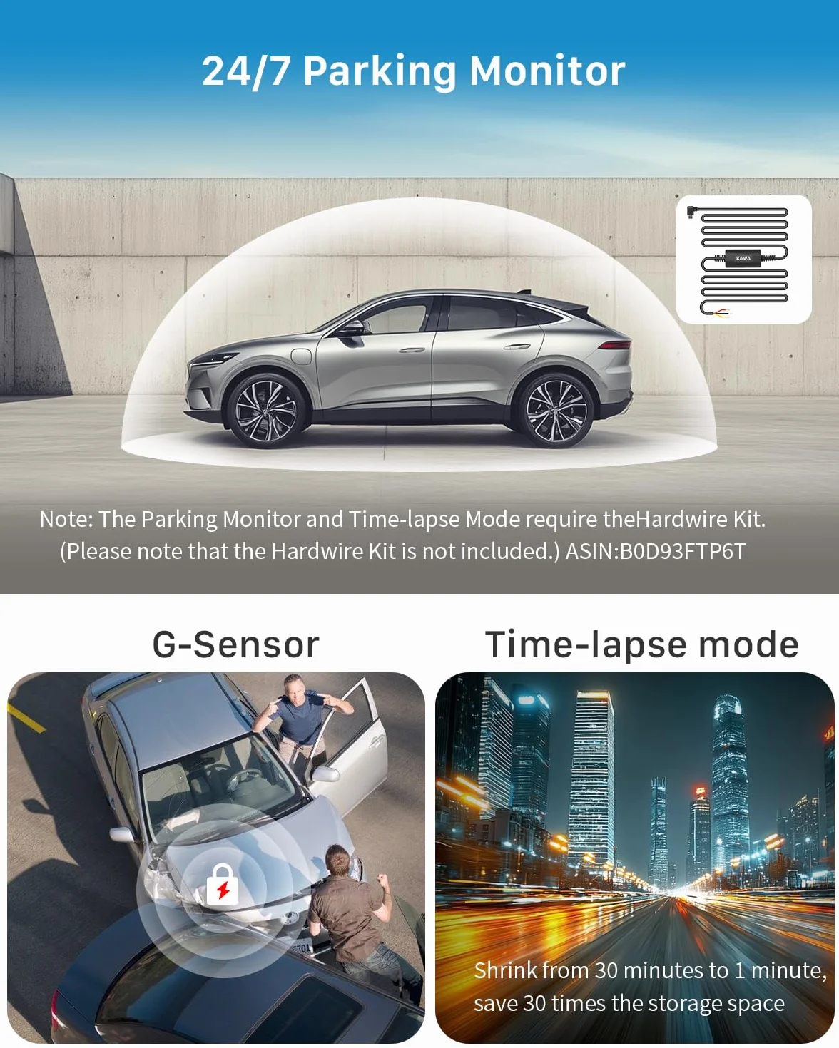 KAWA Dash Cam Auto - Display Trasparente con Controllo Vocale, 2K1296P Piccola Telecamera,Visione Notturna, 145° FOV, Supercondensatore, Include SD 32GB, Sensore G, Controllo App