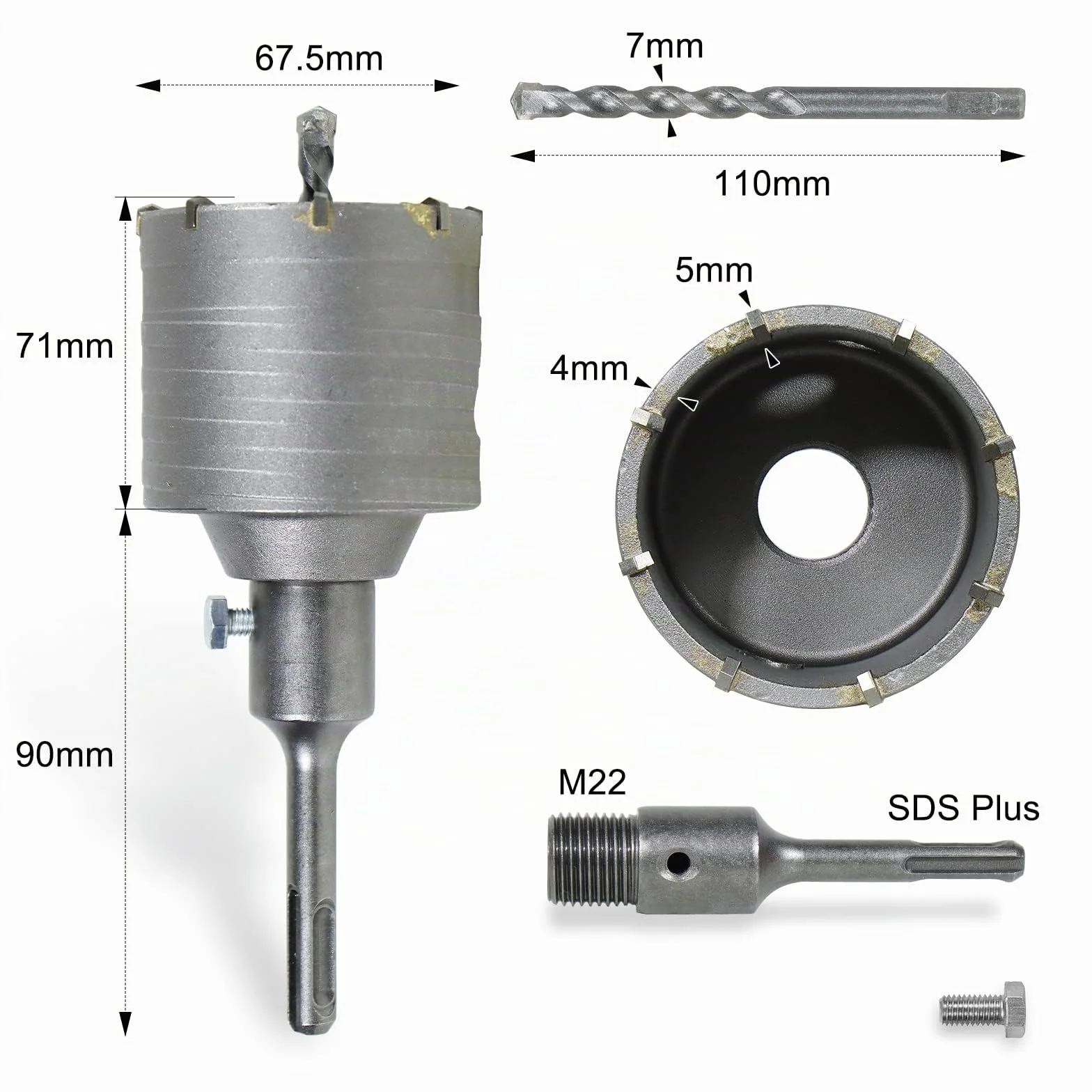 CCLIFE Fresa per cemento a tazza 50-100 mm Punta Centraggio 8x110mm SDS plus adattatore