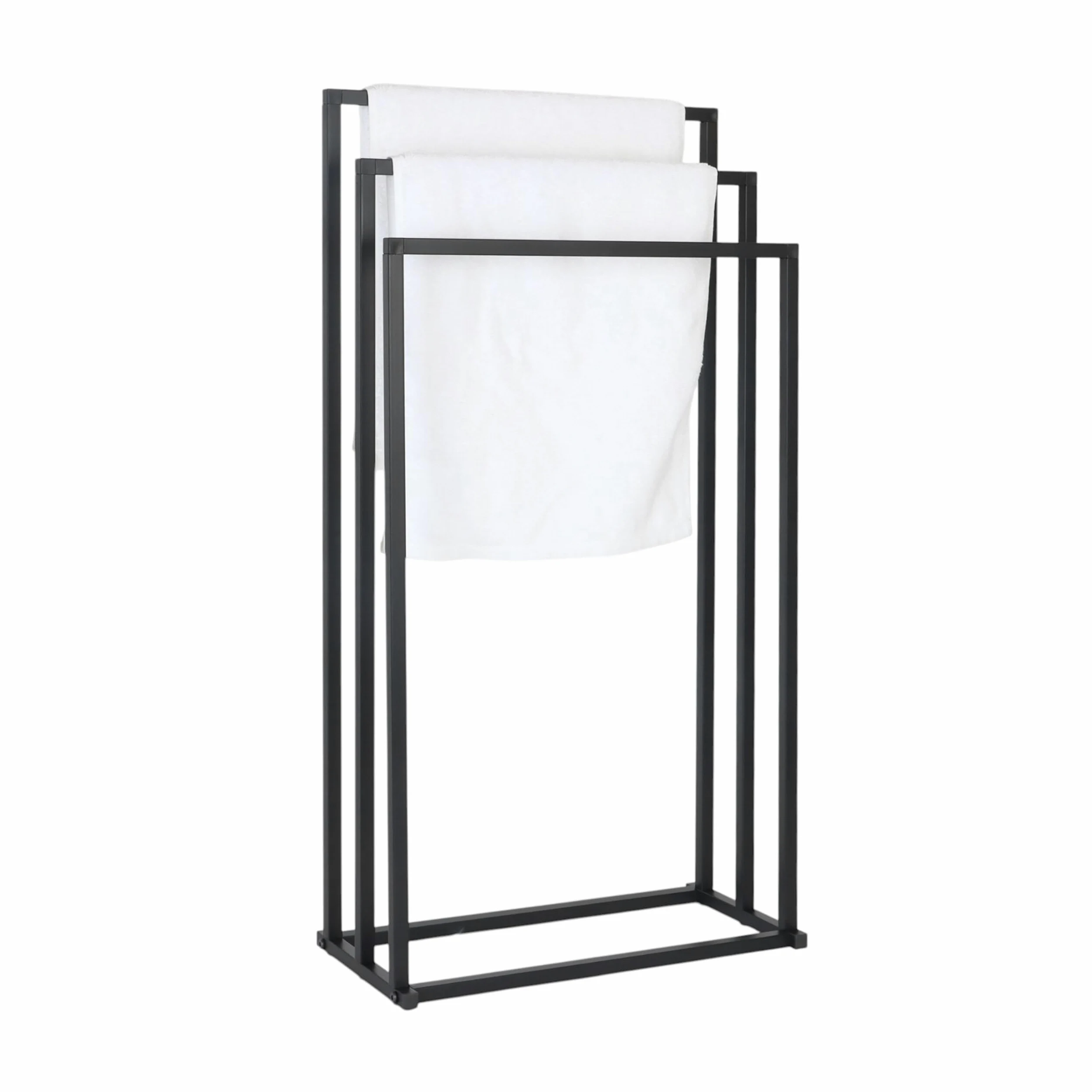 Relaxdays Portasciugamani, AxLxP: 84 x 44 x 21,5 cm, Metallo, 3 aste, da Terra, Bagno, Nero, da