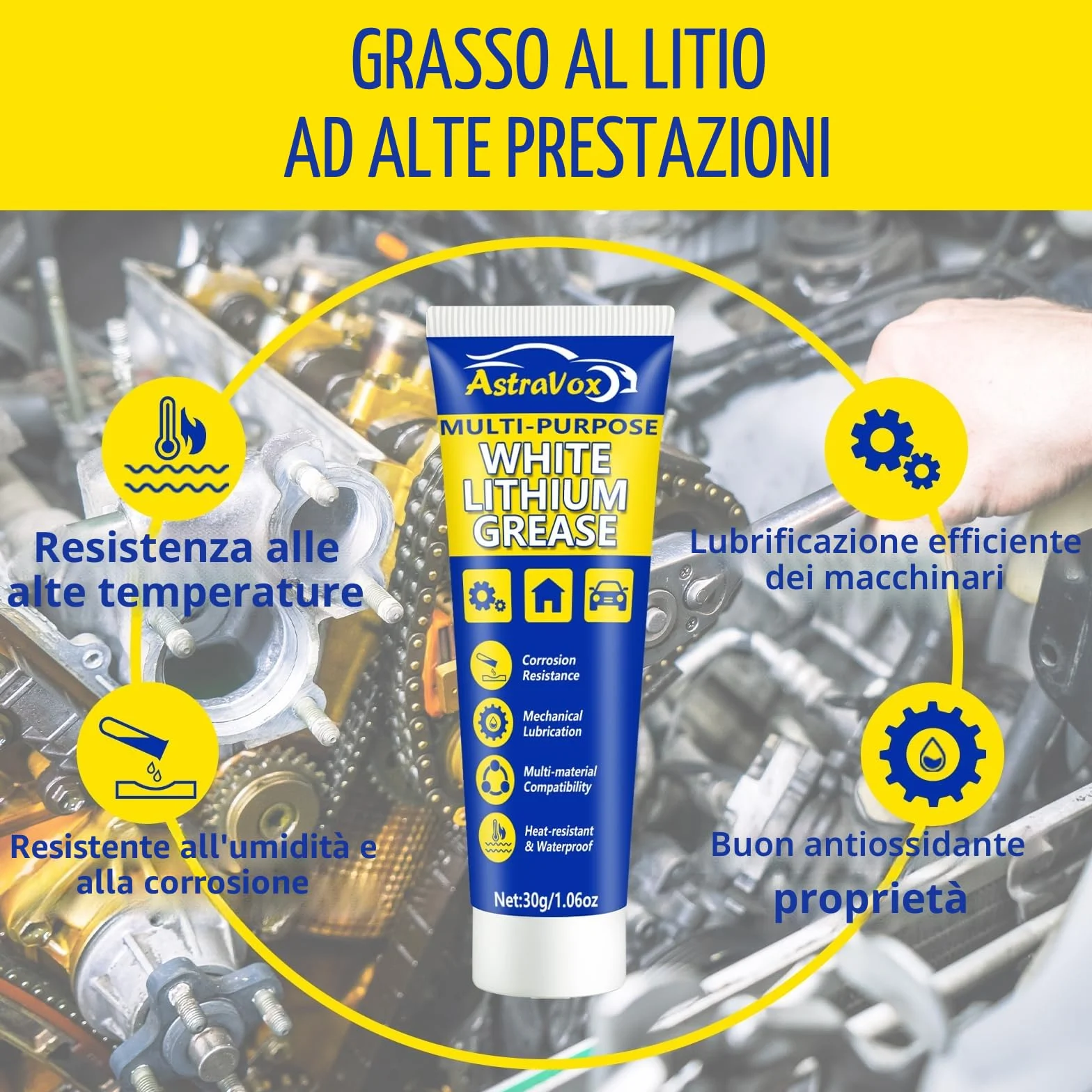 AstraVox Grasso al litio bianco lubrificante multiuso con pennello 1.06oz