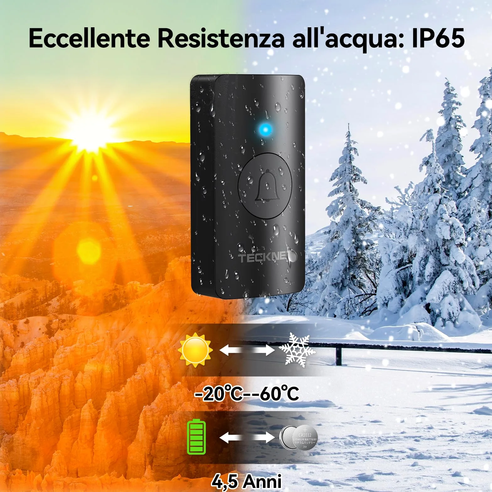 TECKNET Campanello Senza Fili IP65 Impermeabile 400m per Casa | 2 trasmettitori e 1 ricevitore, 60 suonerie, 5 livelli volume, batteria inclusa, Funzione di memoria, LED, per esterno