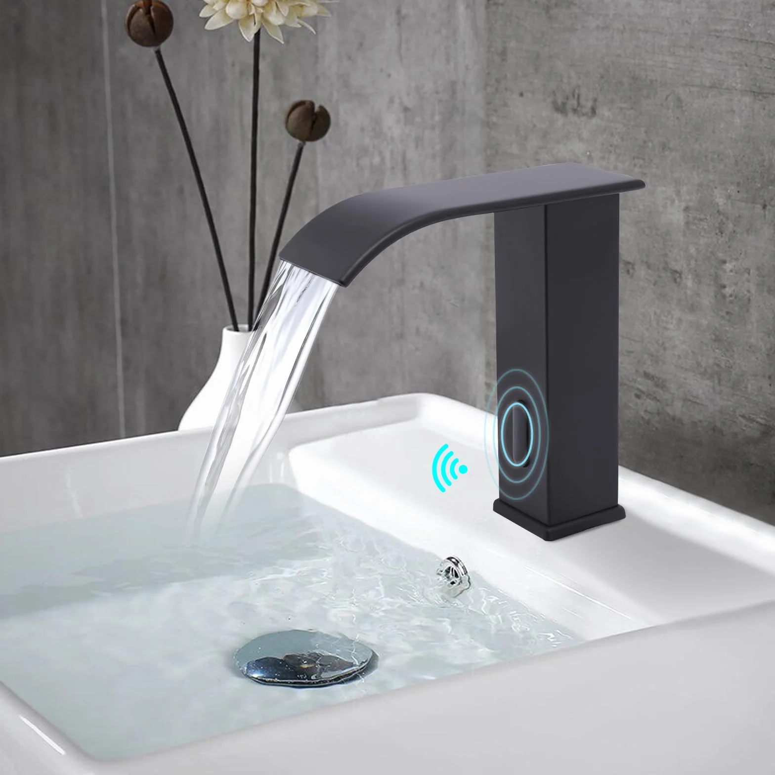Miscelatore per lavandino da bagno a cascata con sensore a infrarossi, rubinetto termostatico nero