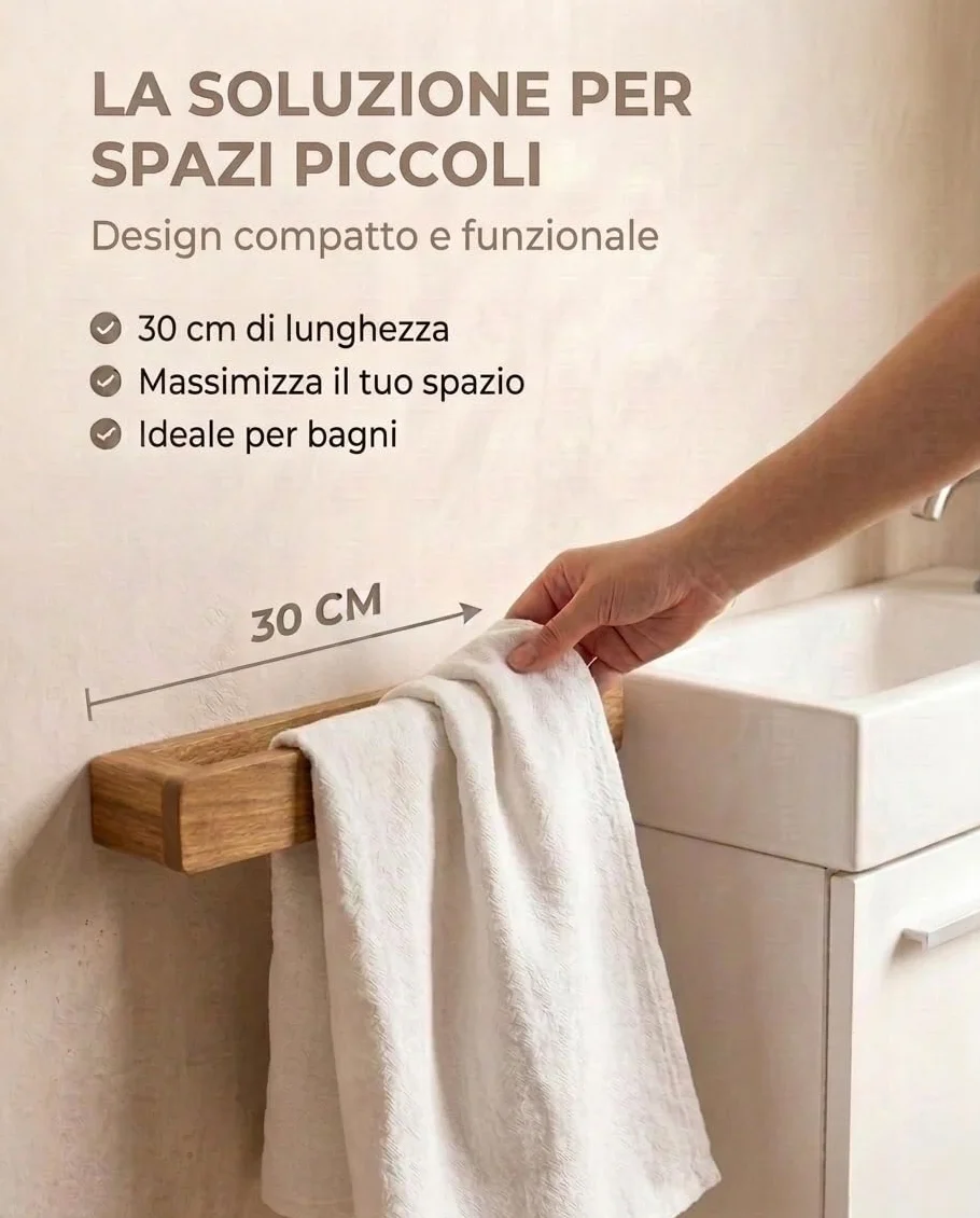 Porta Asciugamani Bagno Bambù Naturale 30cm Adesivo Extra Forte Resistente all'Umidità