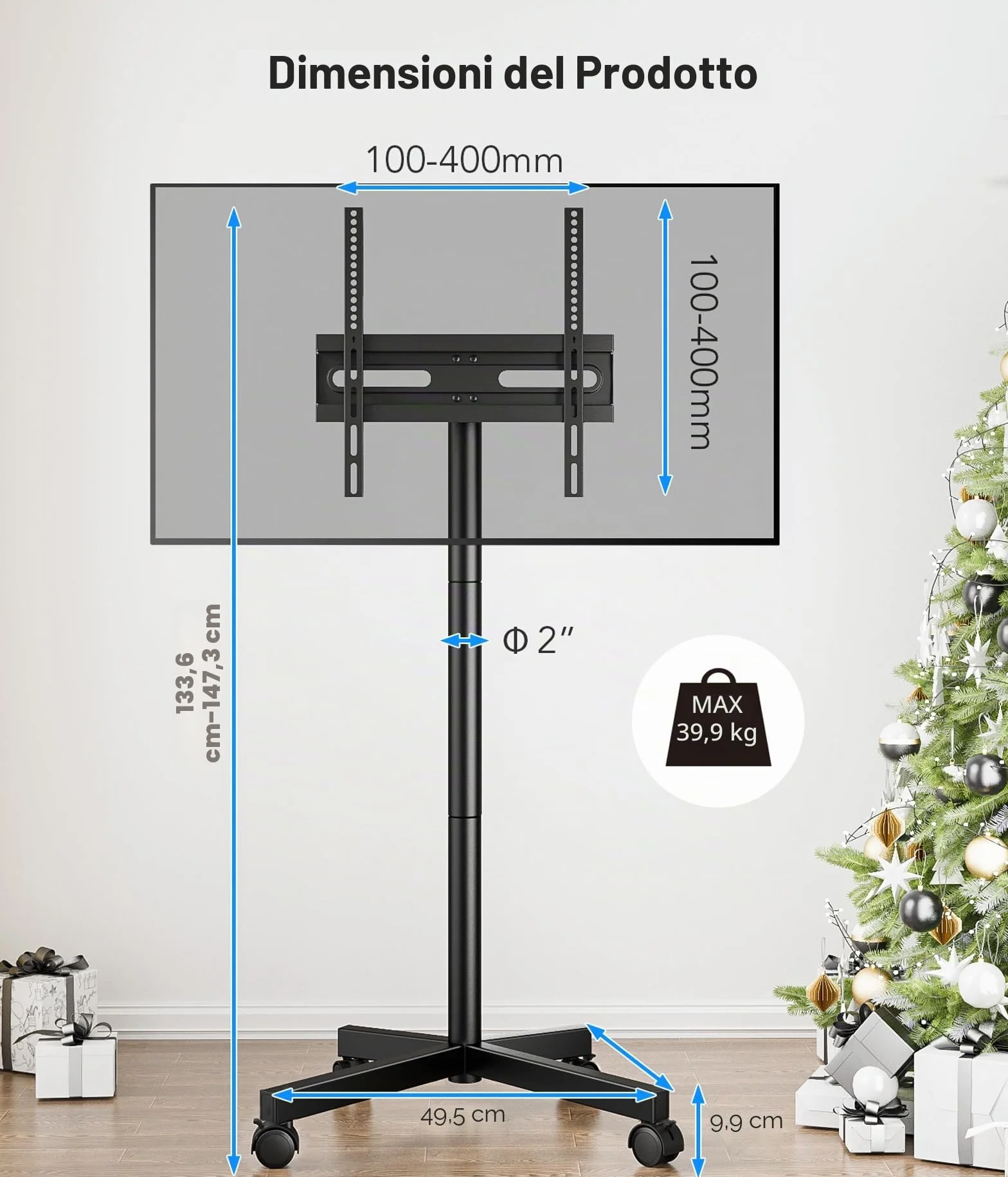 Supporto TV da Pavimento per Schermi Plasma/LCD/LED 23-60 Pollici con Ruote, Carrello Staffa Porta Mobile Supporto TV Fino a 40 kg, Max VESA 400 x 400 mm